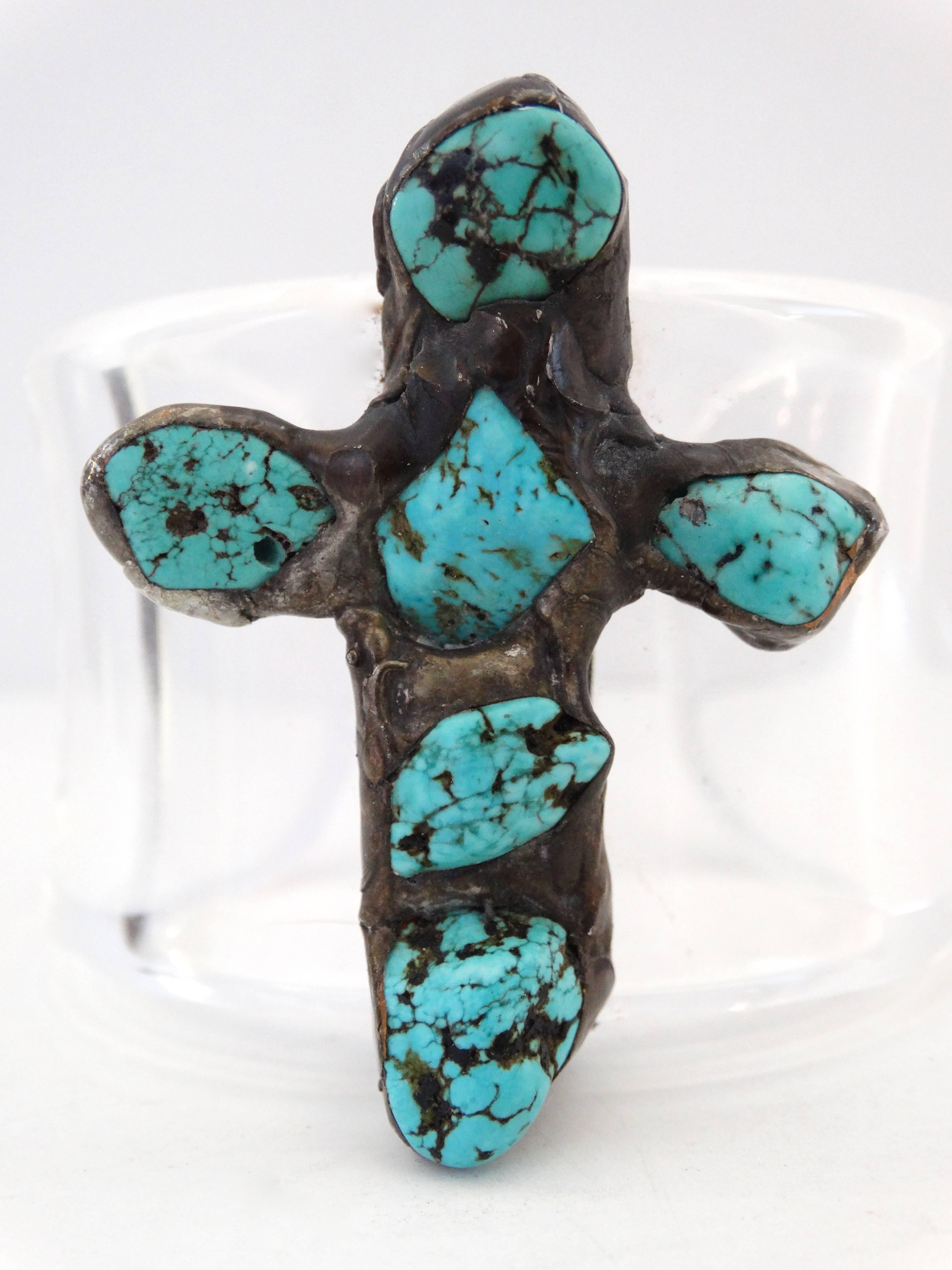 Artisan Made Navajo Turquoise Cross Cuff Bracelet  In Excellent Condition In Scottsdale, AZ