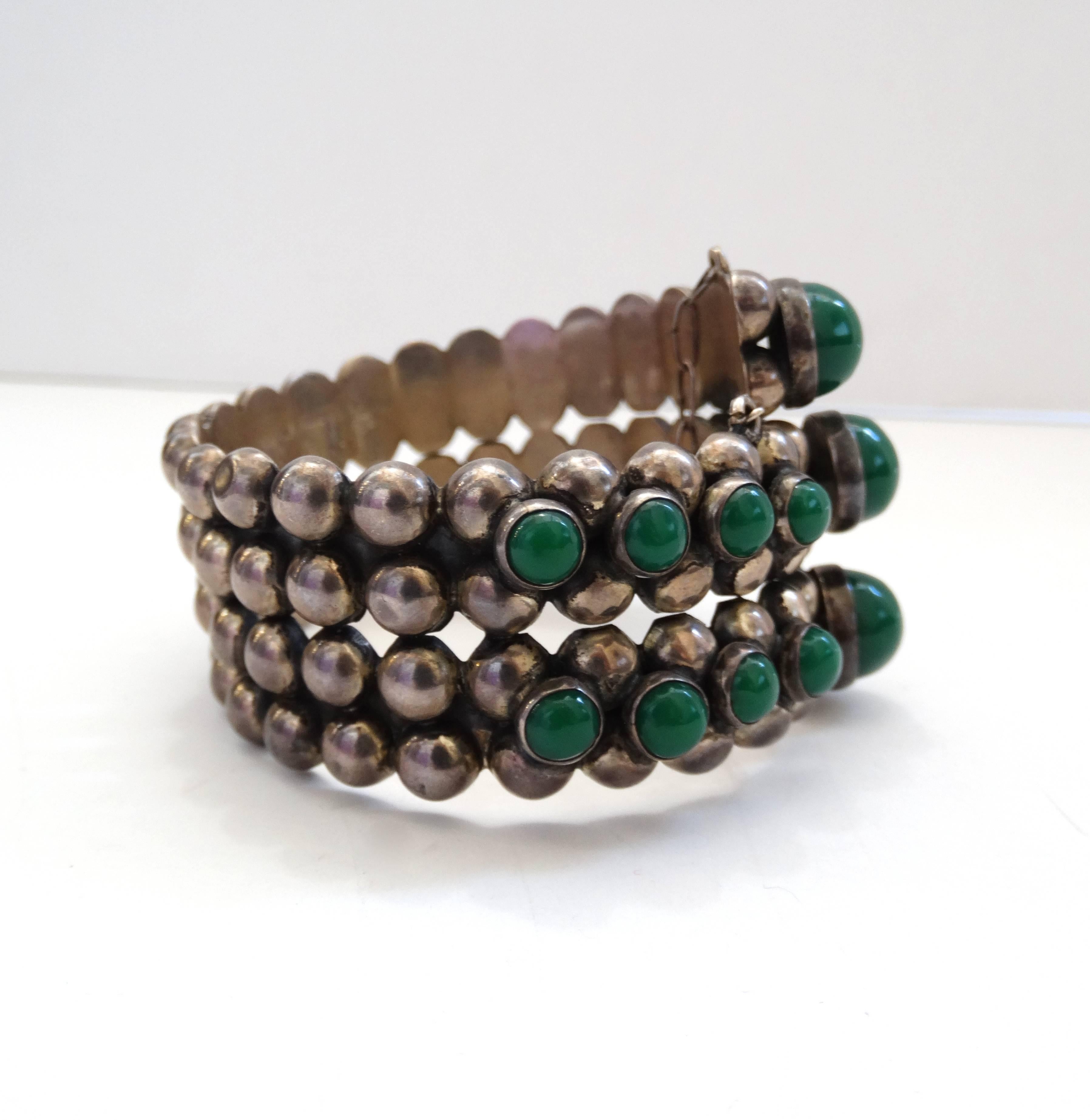 Gonzalo Moreno Vintage Sterling Silver and Jade Cuff  In Excellent Condition In Scottsdale, AZ