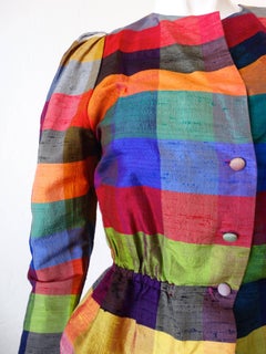 Rainbow Plaid Peplum Button Up Blouse, 1980s