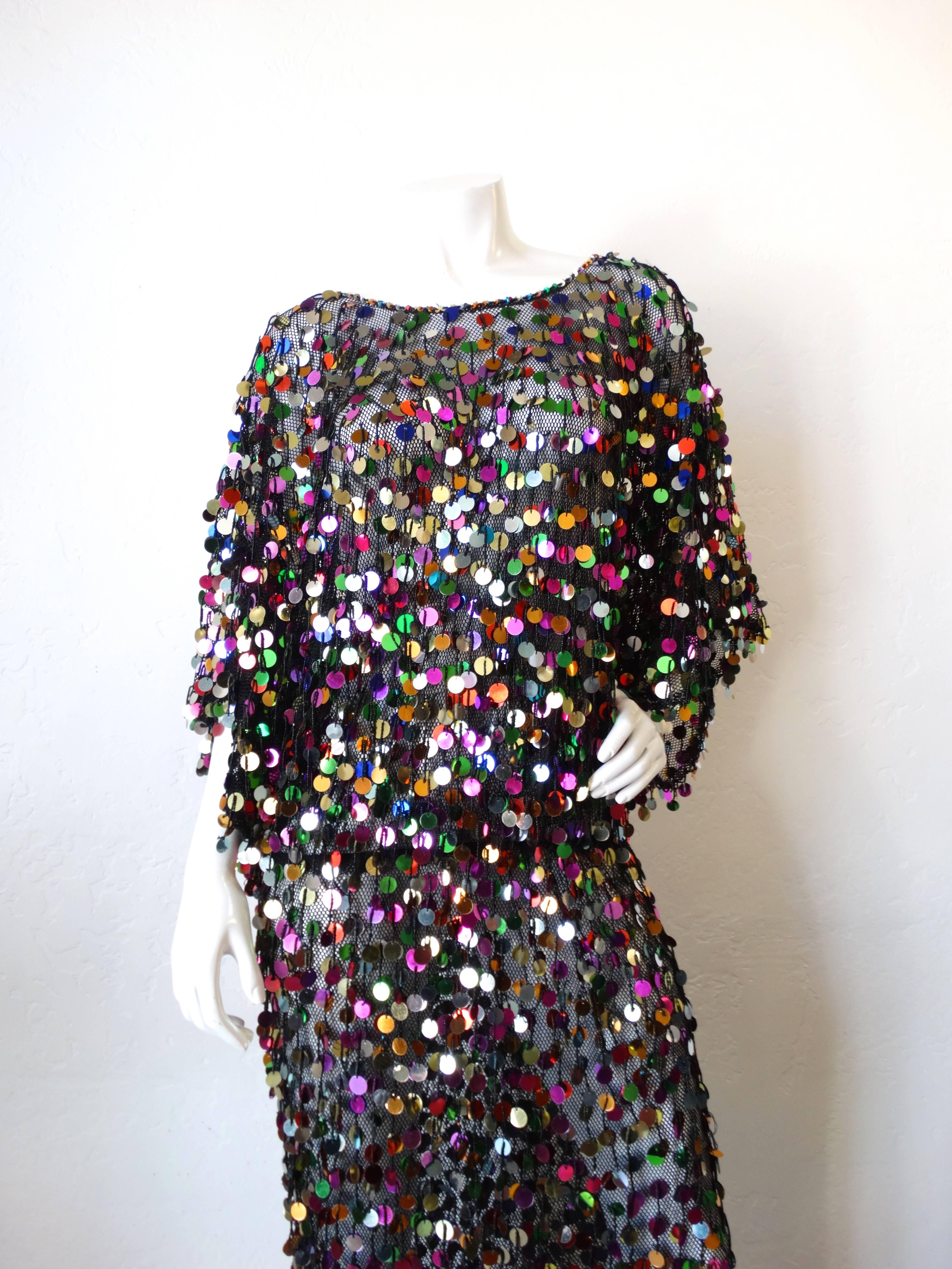 Black Rainbow Sequin Mesh Knit Gown, 1980s 