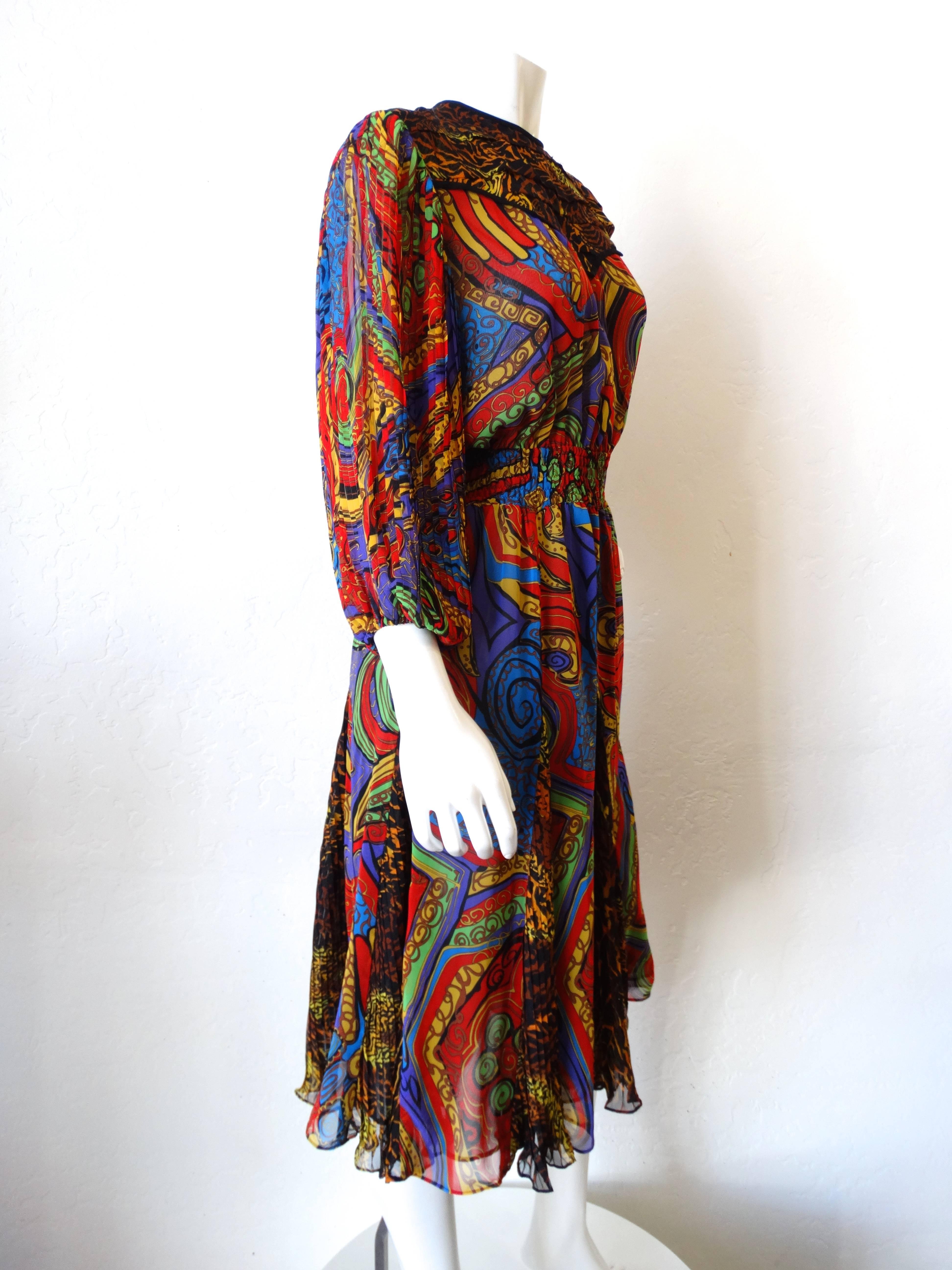 Brown Diane Freis Leopard Swirl Printed Dress, 1980s