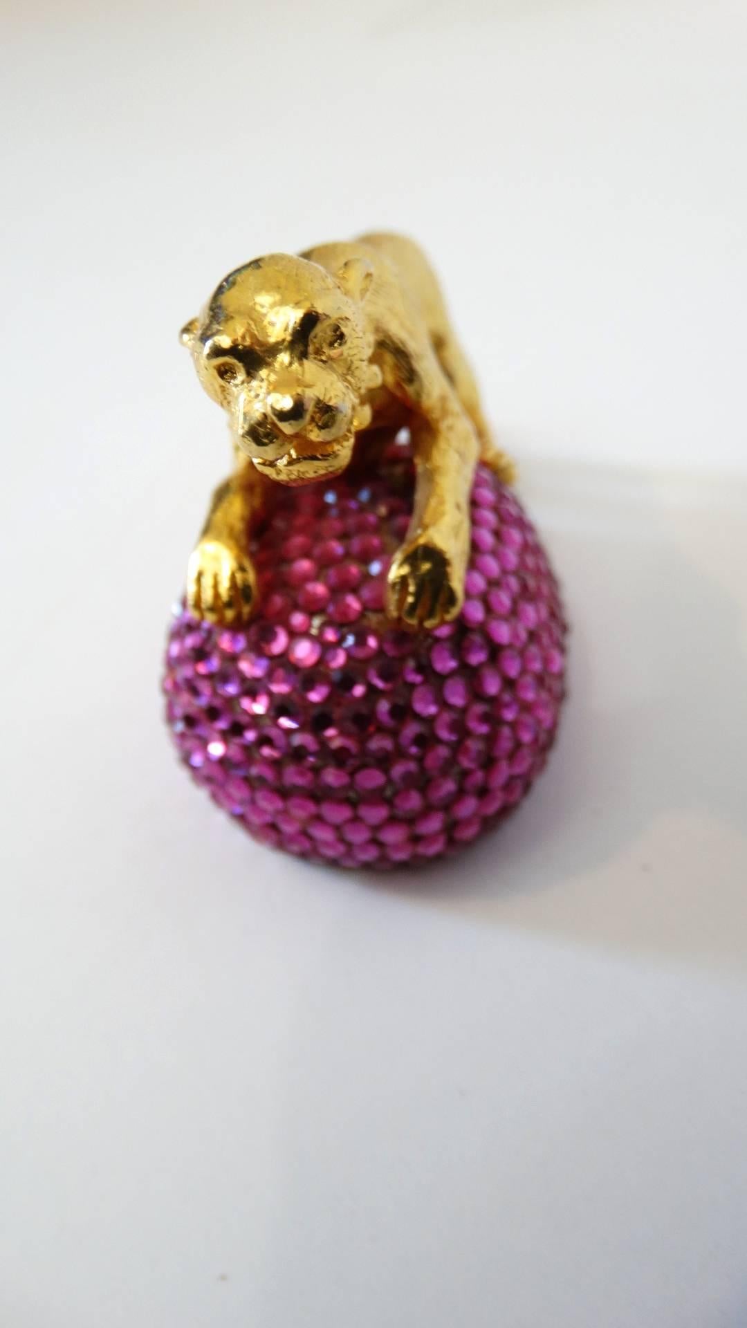 Extremely rare 1980's Judith Leiber Tiger vanity objet d'art . Gold plated hardware, with an encrusted Austrian Swarovski Crystals base. We have 8 in stock , see our other listings. Colors pink, green, white, blue and bronze, Signed Judith Leiber