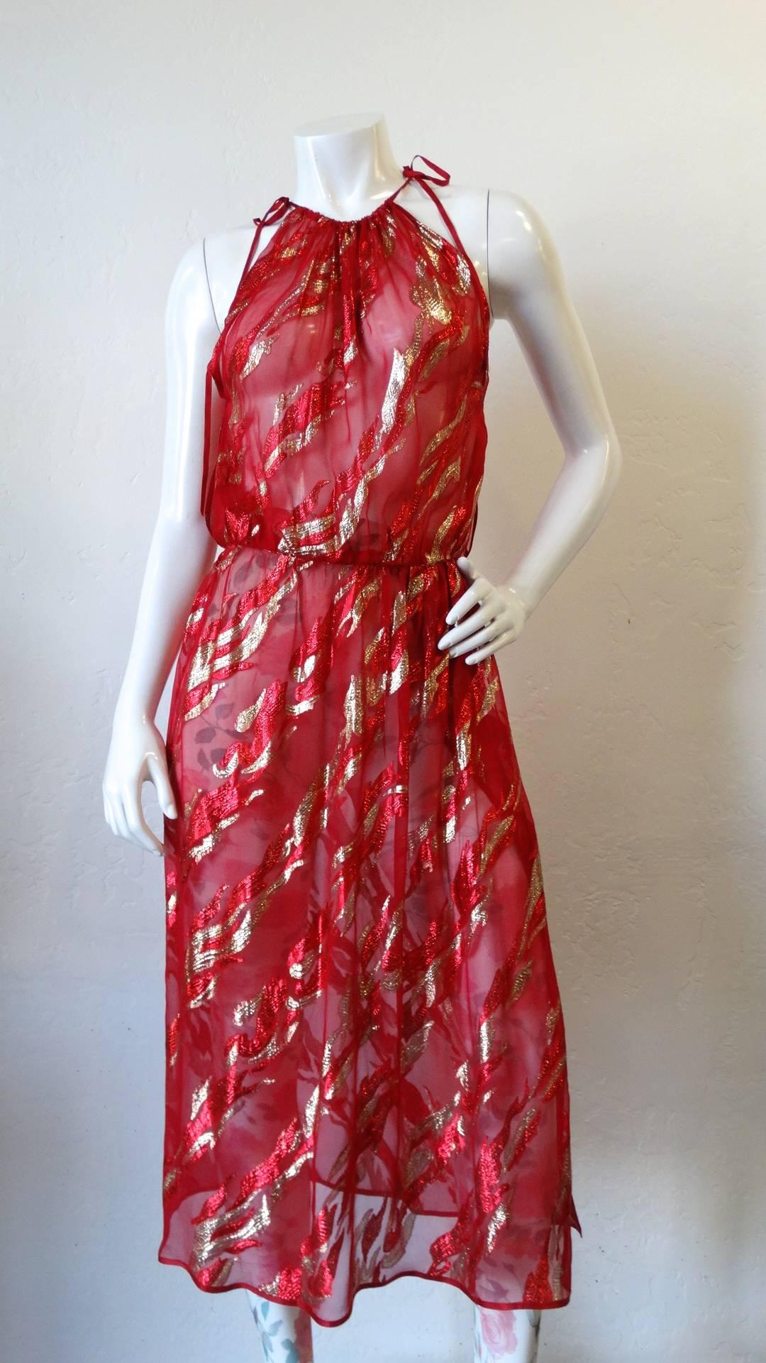 Saint Laurent Rive Gauche Red Sheer Printed Halter Dress, 1980s  2