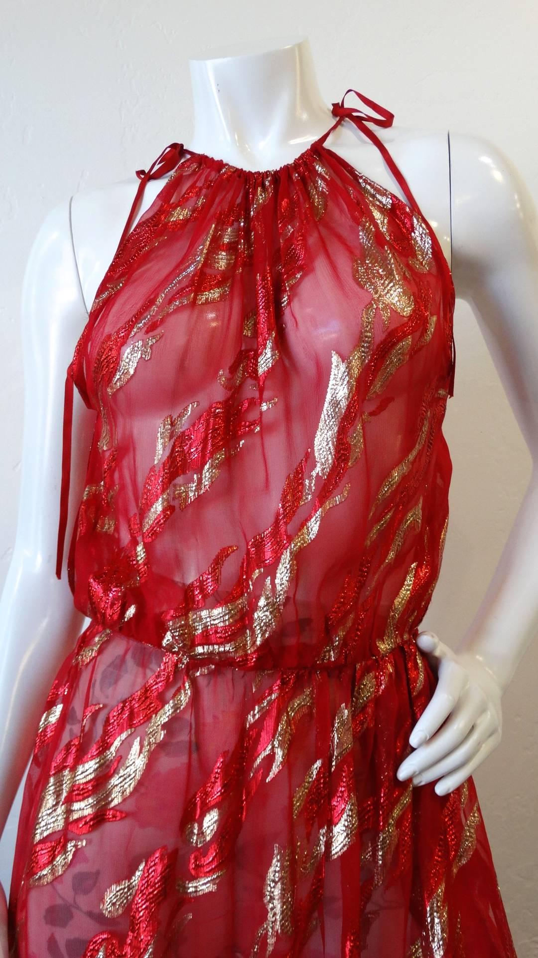 Saint Laurent Rive Gauche Red Sheer Printed Halter Dress, 1980s  In Excellent Condition In Scottsdale, AZ