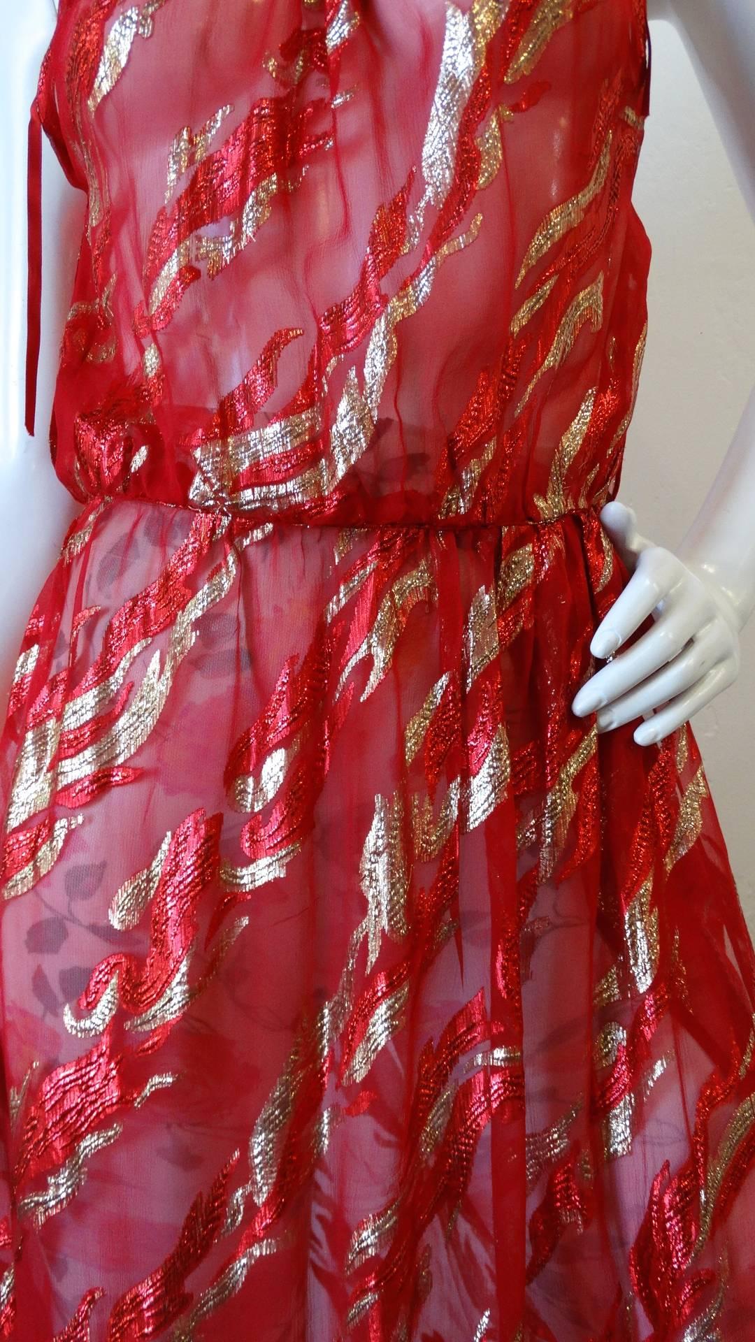 Saint Laurent Rive Gauche Red Sheer Printed Halter Dress, 1980s  1
