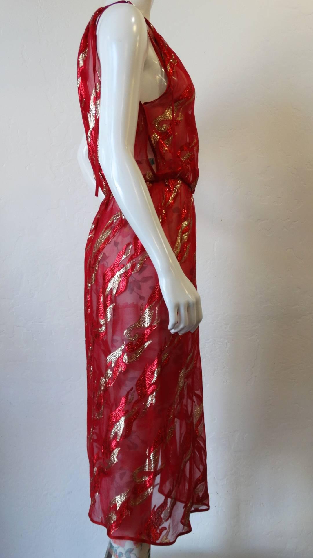 Saint Laurent Rive Gauche Red Sheer Printed Halter Dress, 1980s  3
