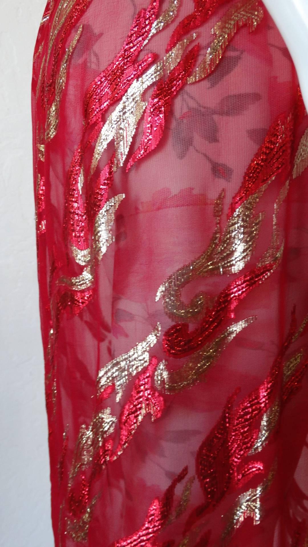 Saint Laurent Rive Gauche Red Sheer Printed Halter Dress, 1980s  4