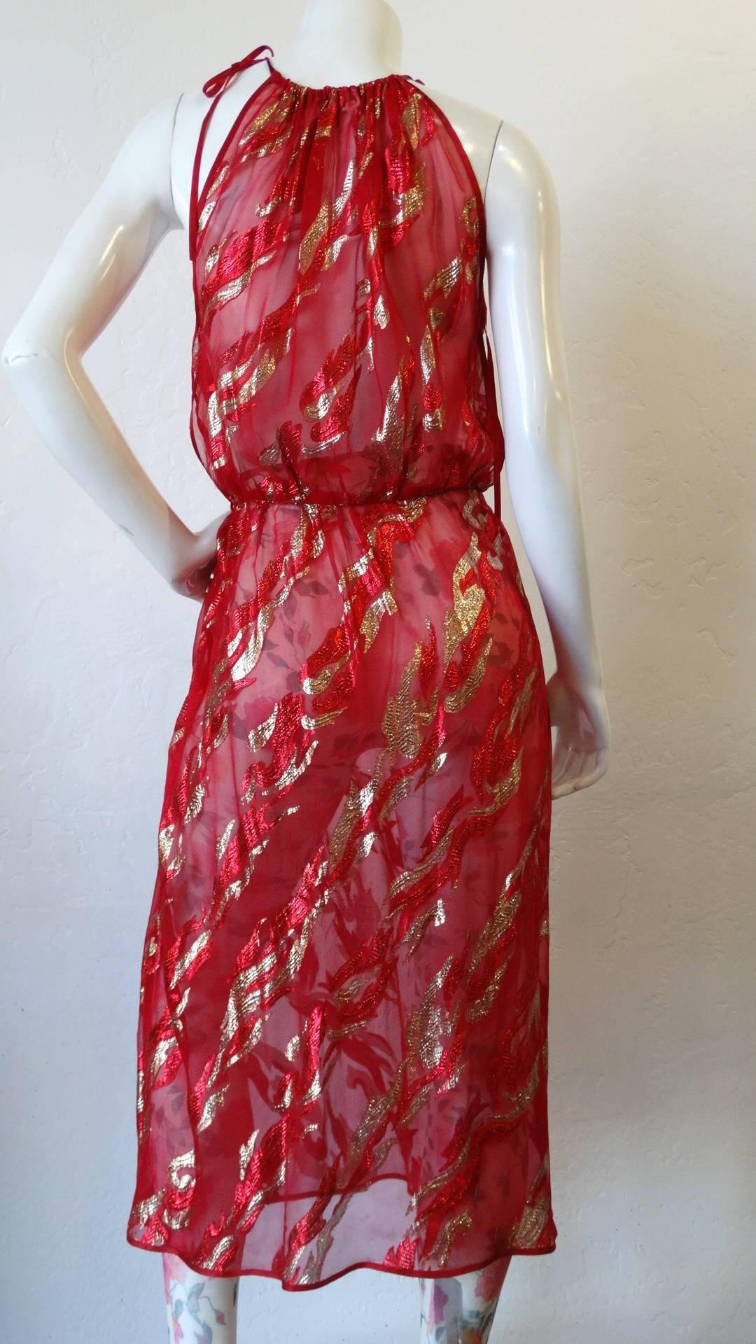 Saint Laurent Rive Gauche Red Sheer Printed Halter Dress, 1980s  5