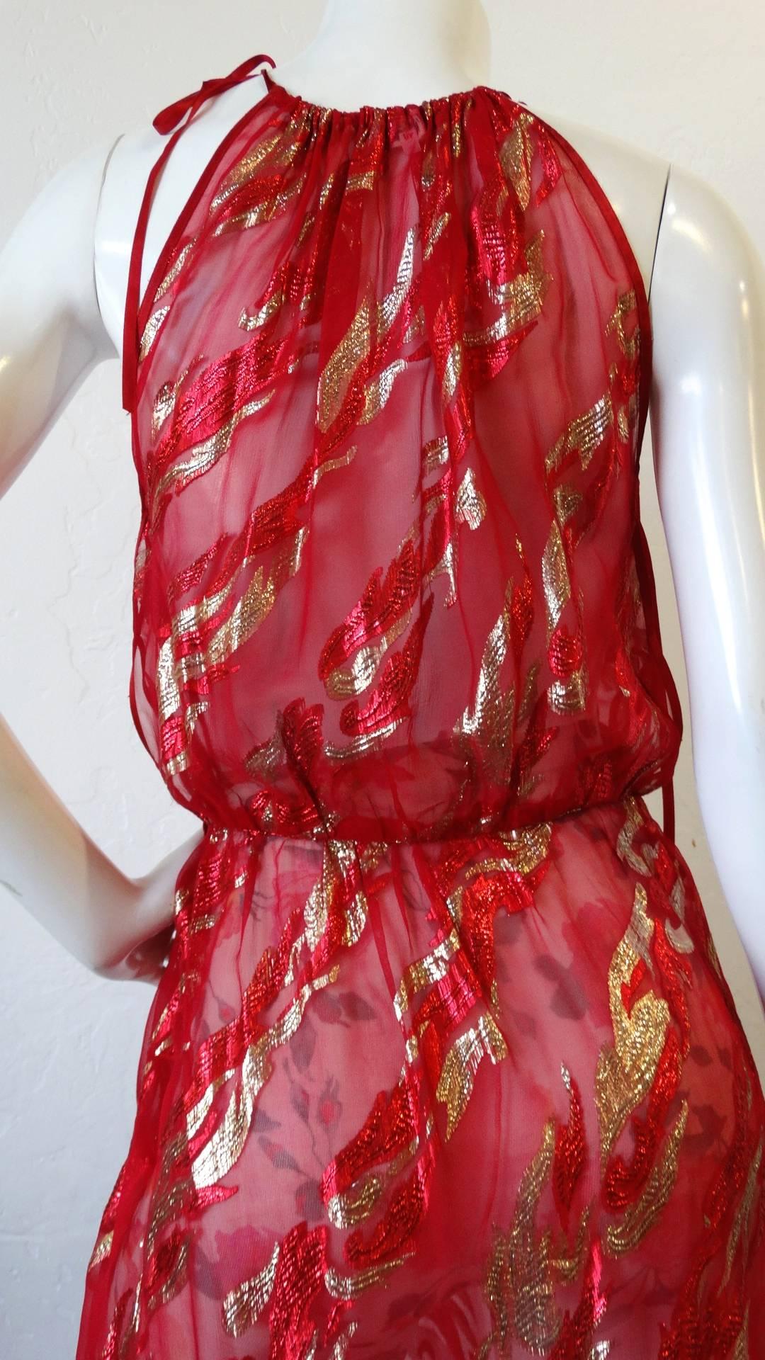Saint Laurent Rive Gauche Red Sheer Printed Halter Dress, 1980s  6