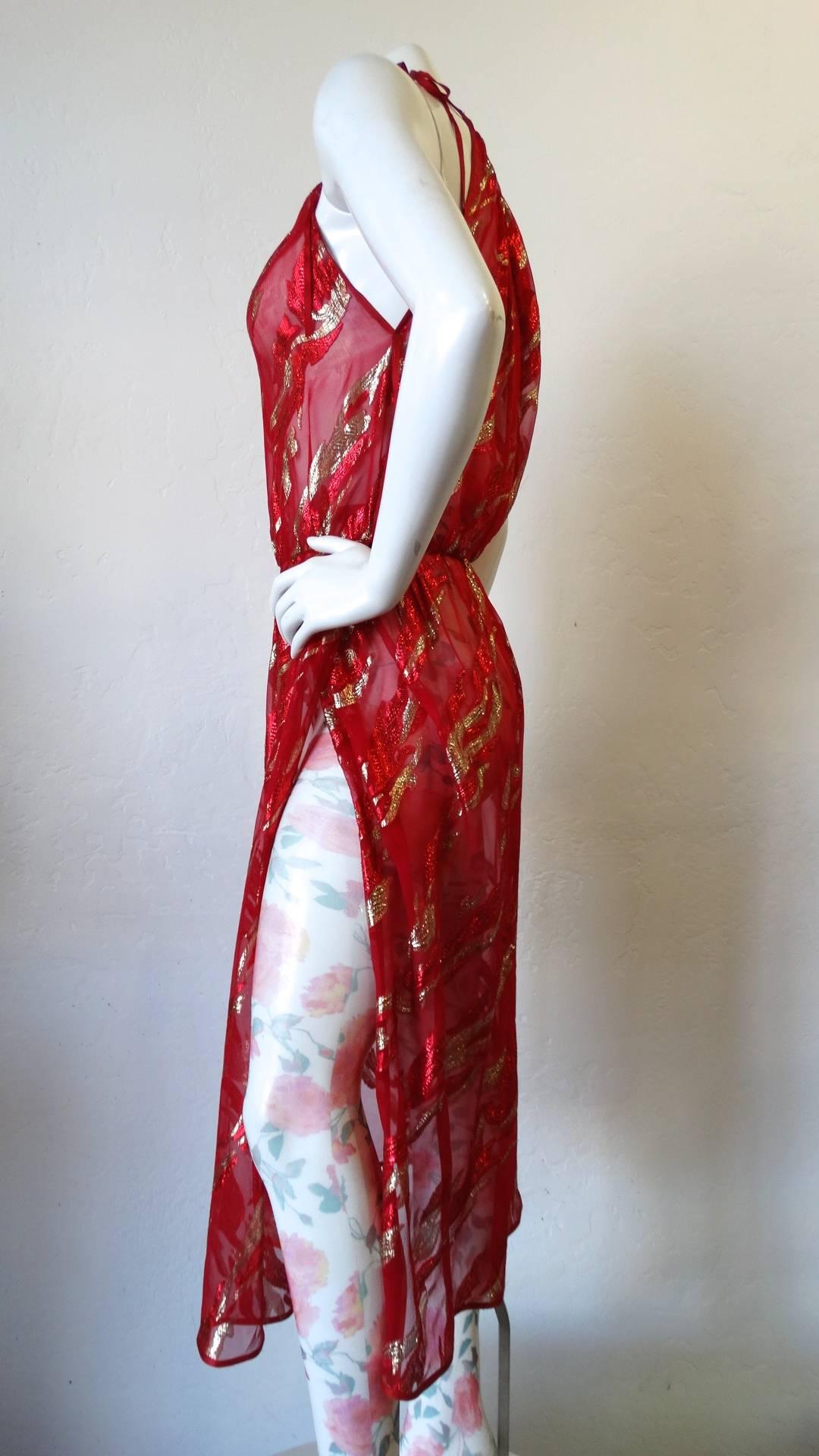 Saint Laurent Rive Gauche Red Sheer Printed Halter Dress, 1980s  7