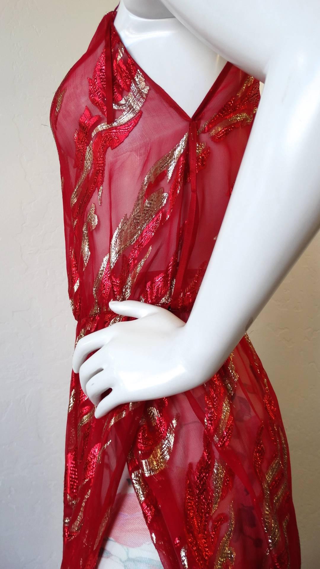 Saint Laurent Rive Gauche Red Sheer Printed Halter Dress, 1980s  8