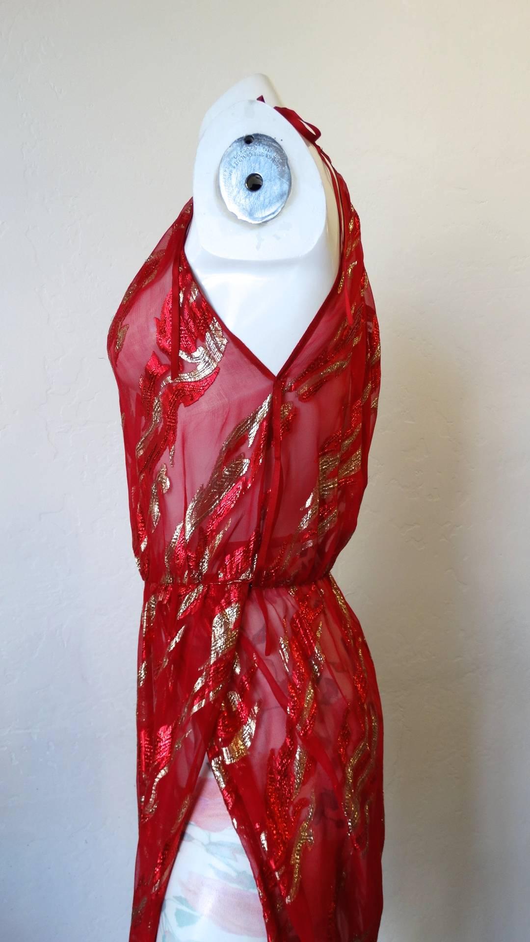 Saint Laurent Rive Gauche Red Sheer Printed Halter Dress, 1980s  9