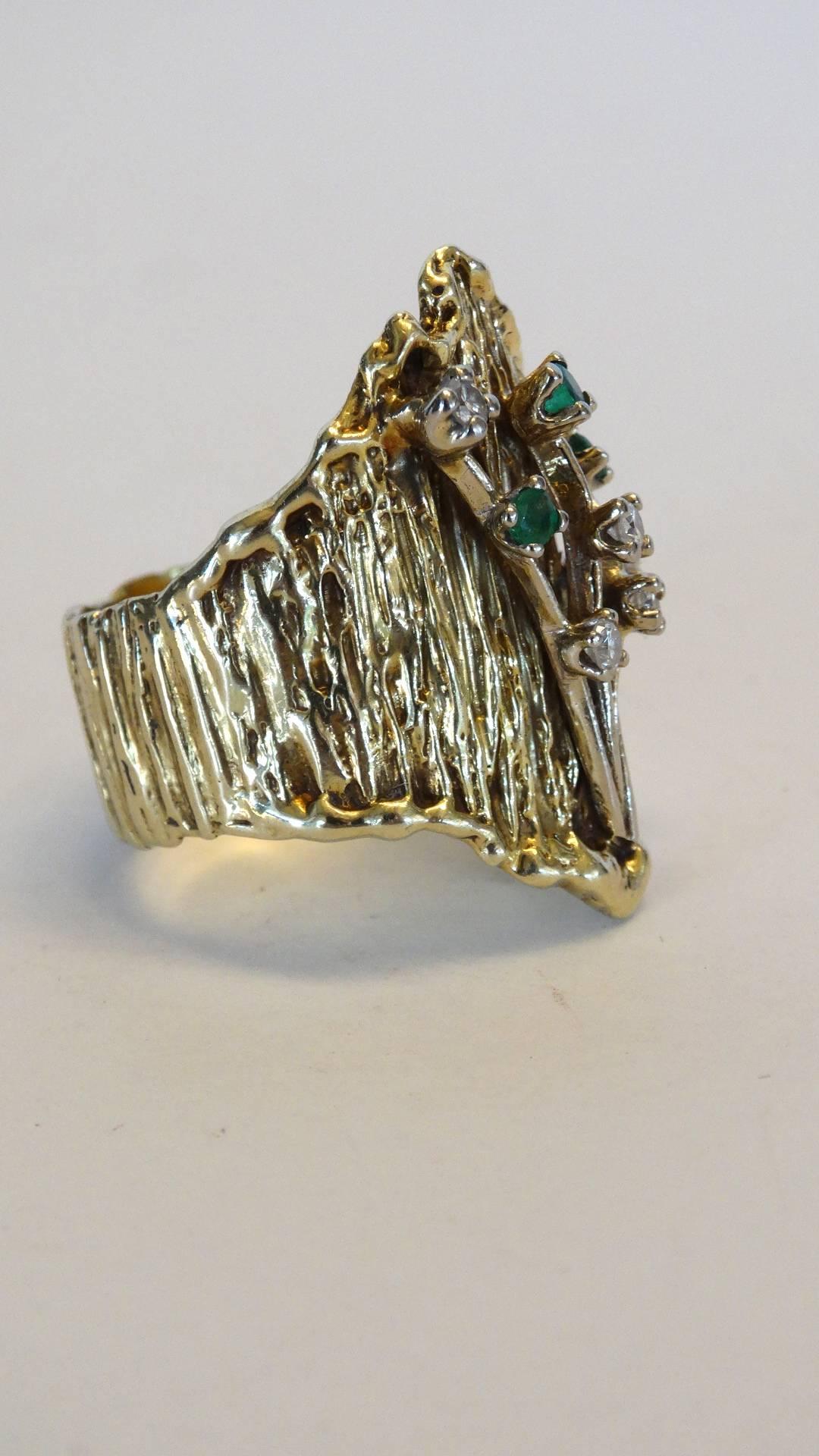 Women's or Men's 14k Floral Ring with Diamonds and Emeralds circa 1970s For Sale