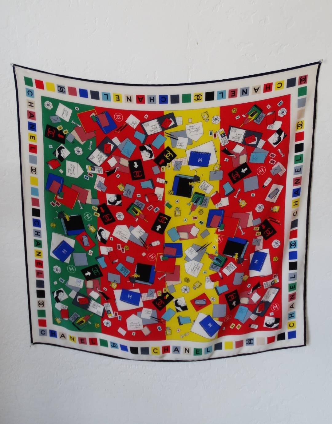 The most adorable novelty printed scarf from none other than 1980s Chanel! Large square scarf printed all over with an amazing love letter inspired print, adorned with all types of paper ephemera, CC logos and camellia flowers. Multicolored print-