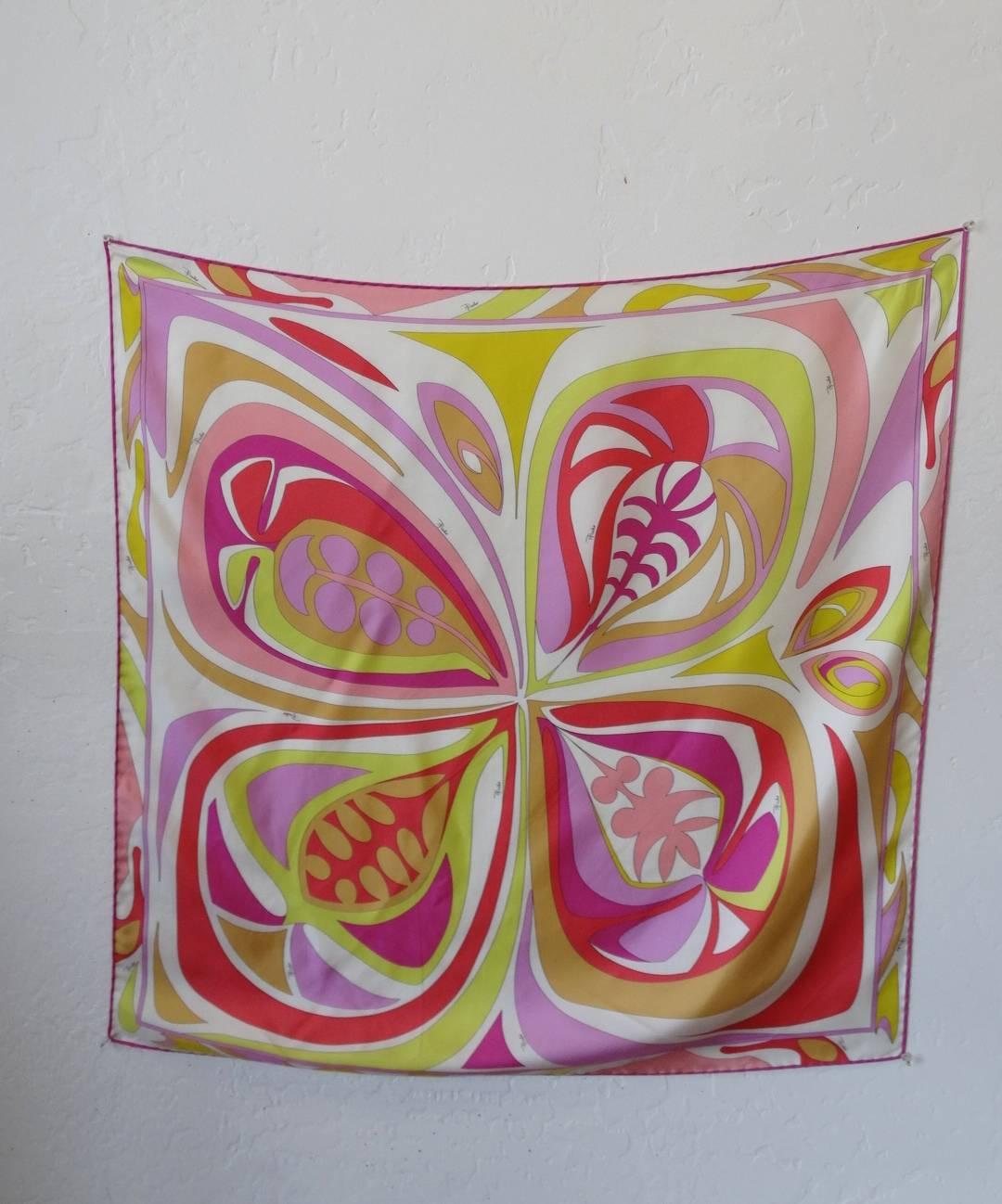 2000s era swirl scarf from none other than: Pucci! Large square silk scarf printed with an intricate clover inspired psychedelic print in shades of pink, lavender, coral and chartreuse. This piece is versatile! Wear as a headscarf, wrap around your