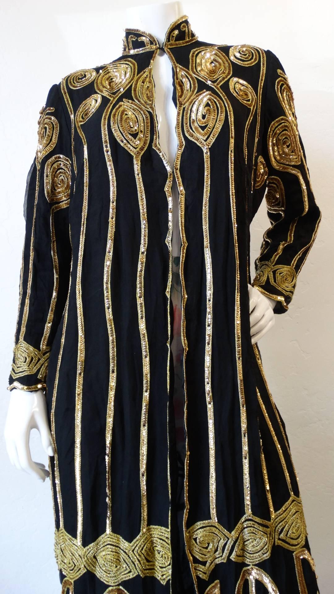 Black and Gold Embellished Duster Jacket, 1980s  In Excellent Condition In Scottsdale, AZ