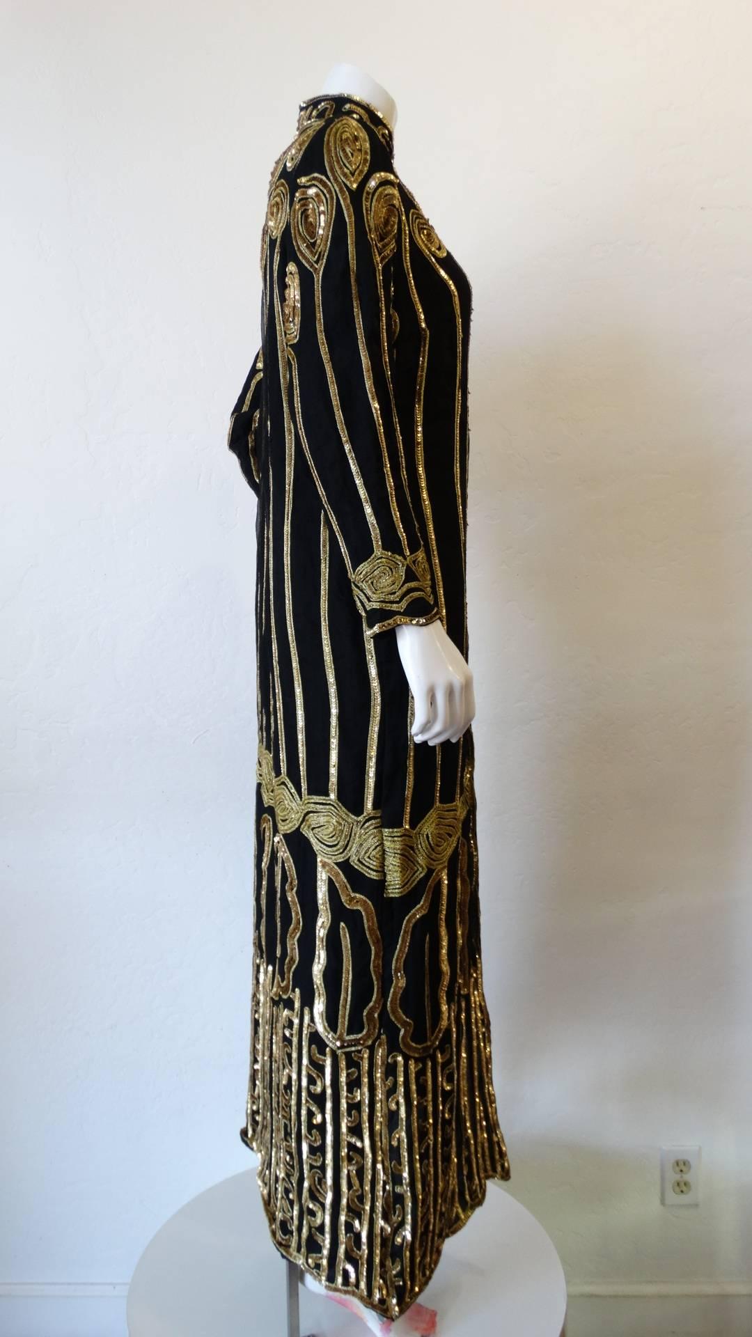 Women's Black and Gold Embellished Duster Jacket, 1980s 