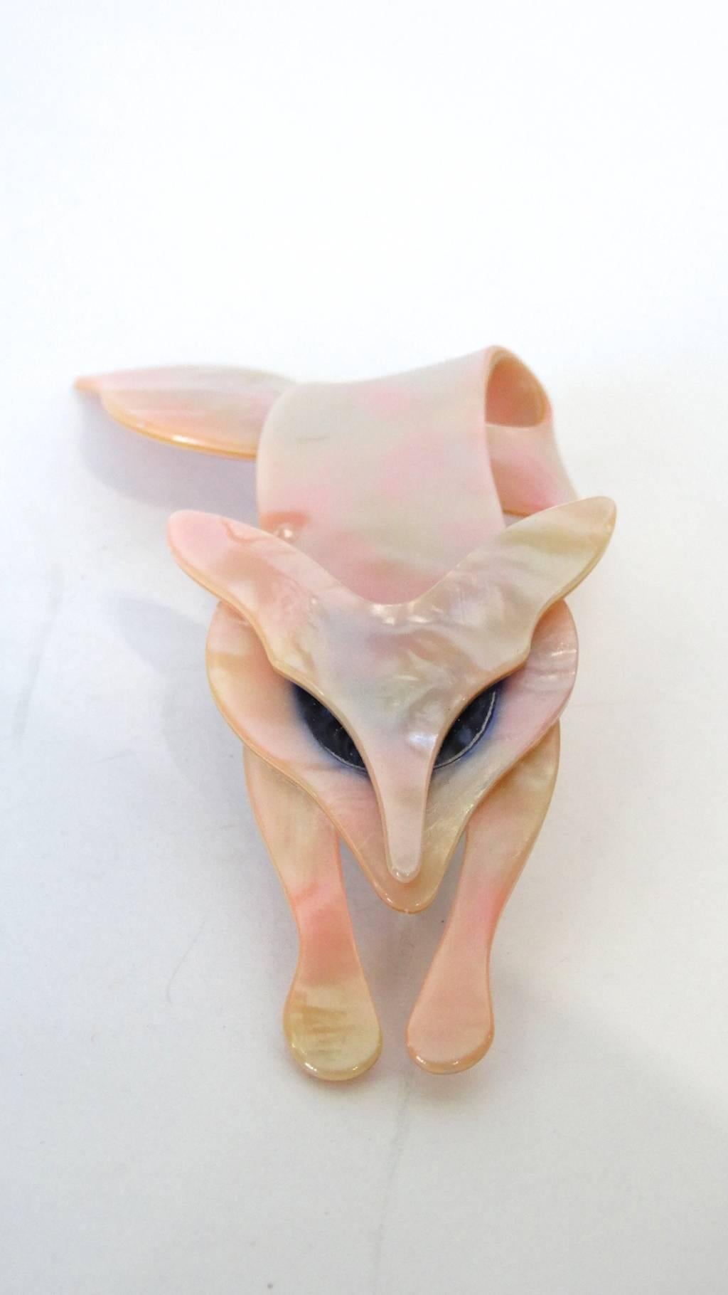 Lea Stein Fox Mother of Pearl Brooch, circa 1970s In Excellent Condition In Scottsdale, AZ