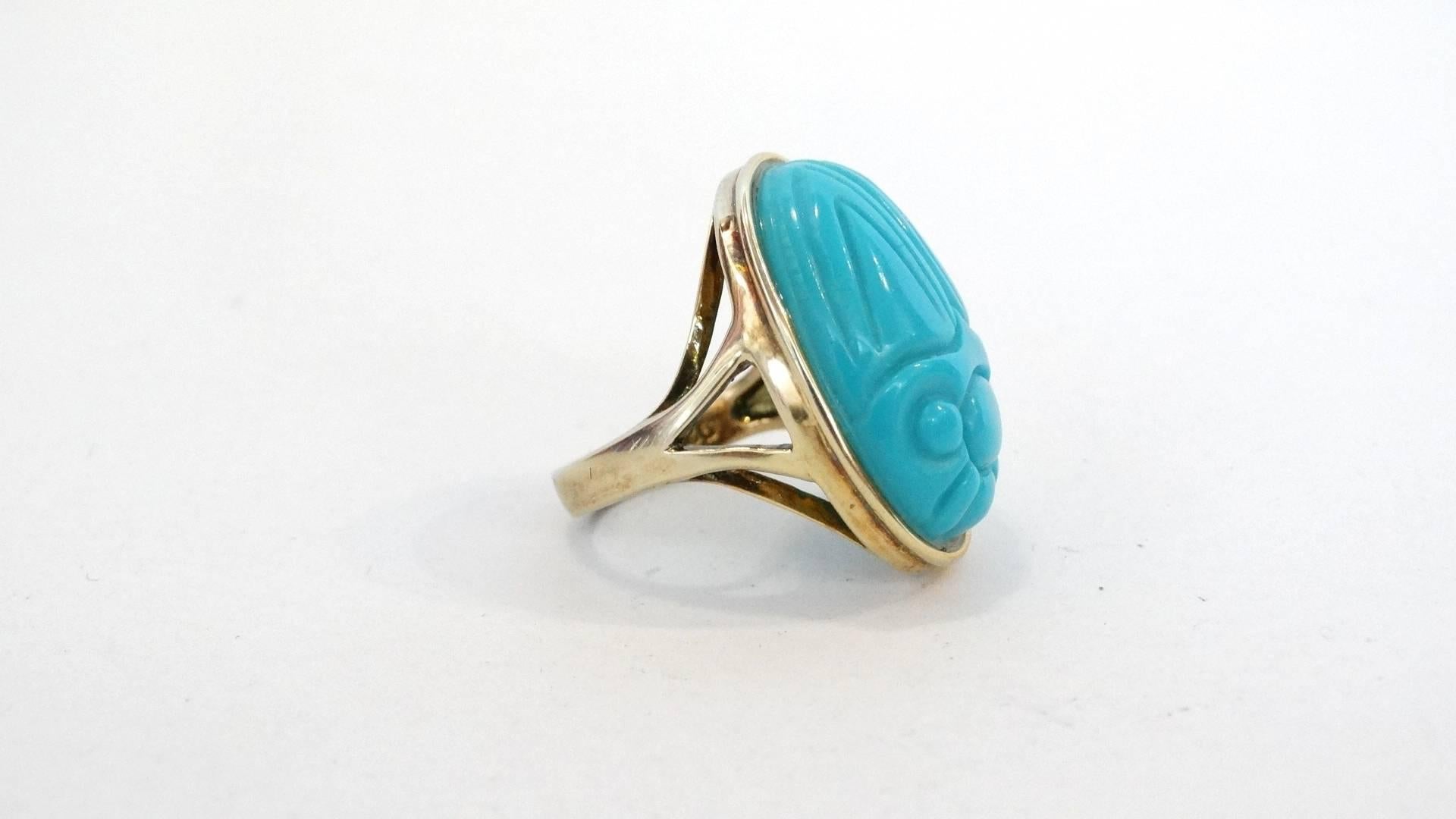 Vintage Gold & Turquoise Scarab Beetle Ring 2