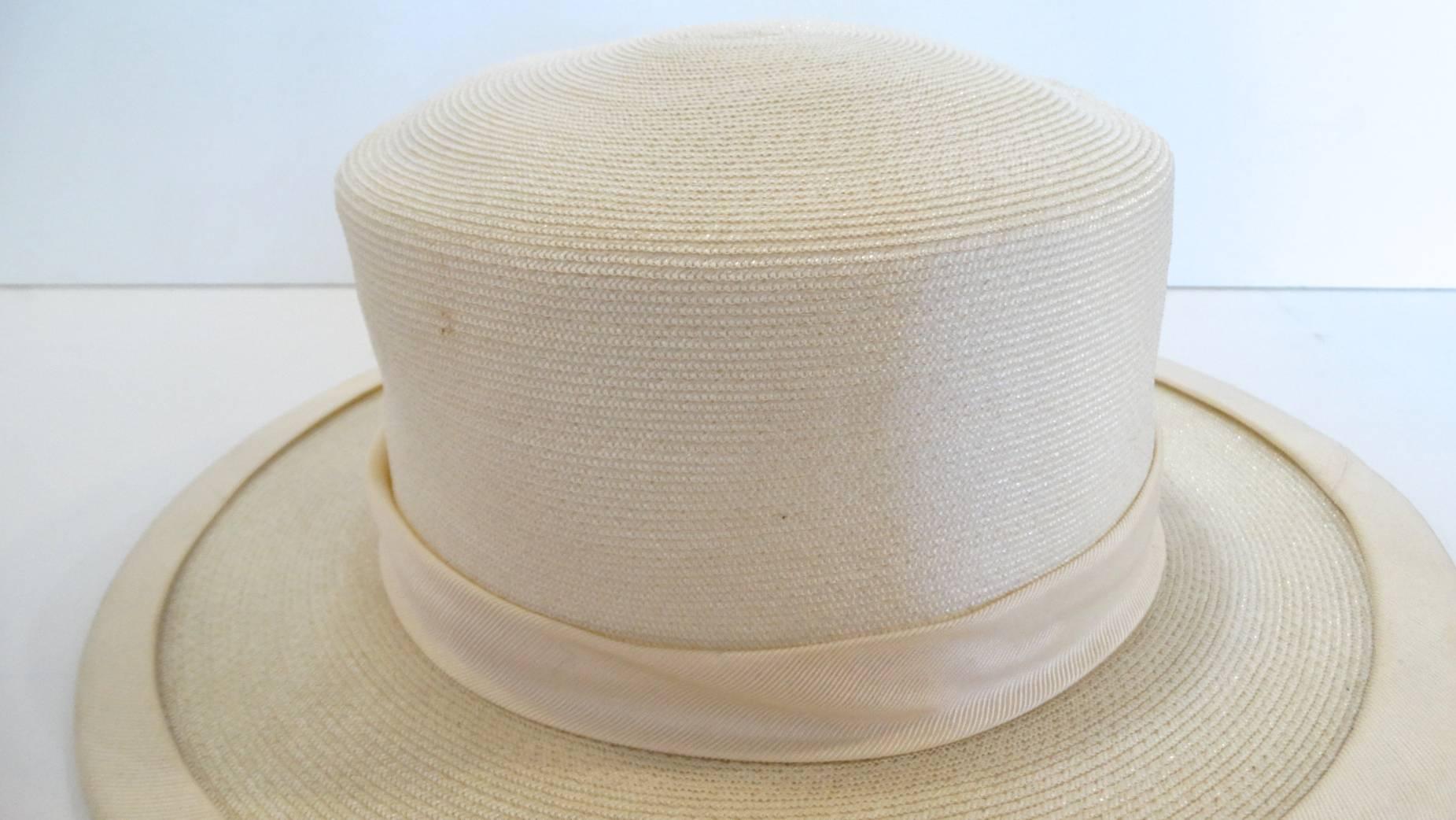 Panama style Ivory Straw Boater Hat, 1970s 4