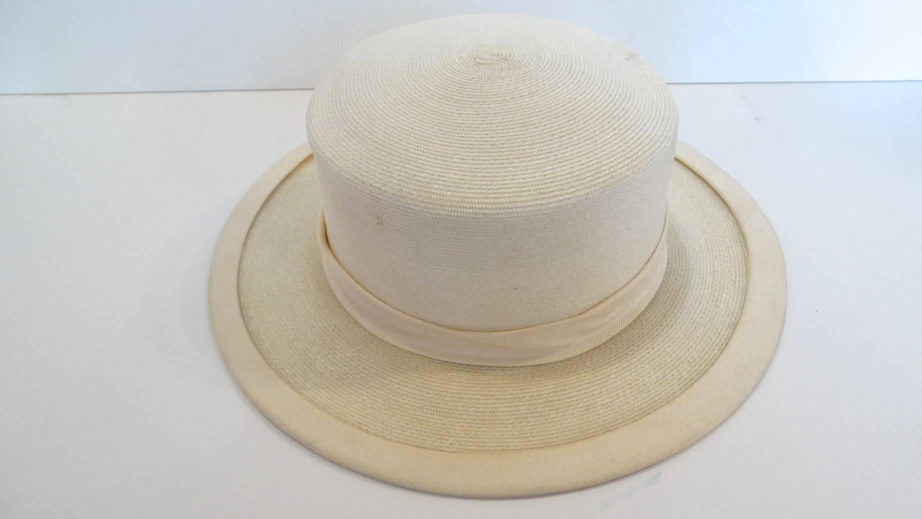 Panama style Ivory Straw Boater Hat, 1970s 1