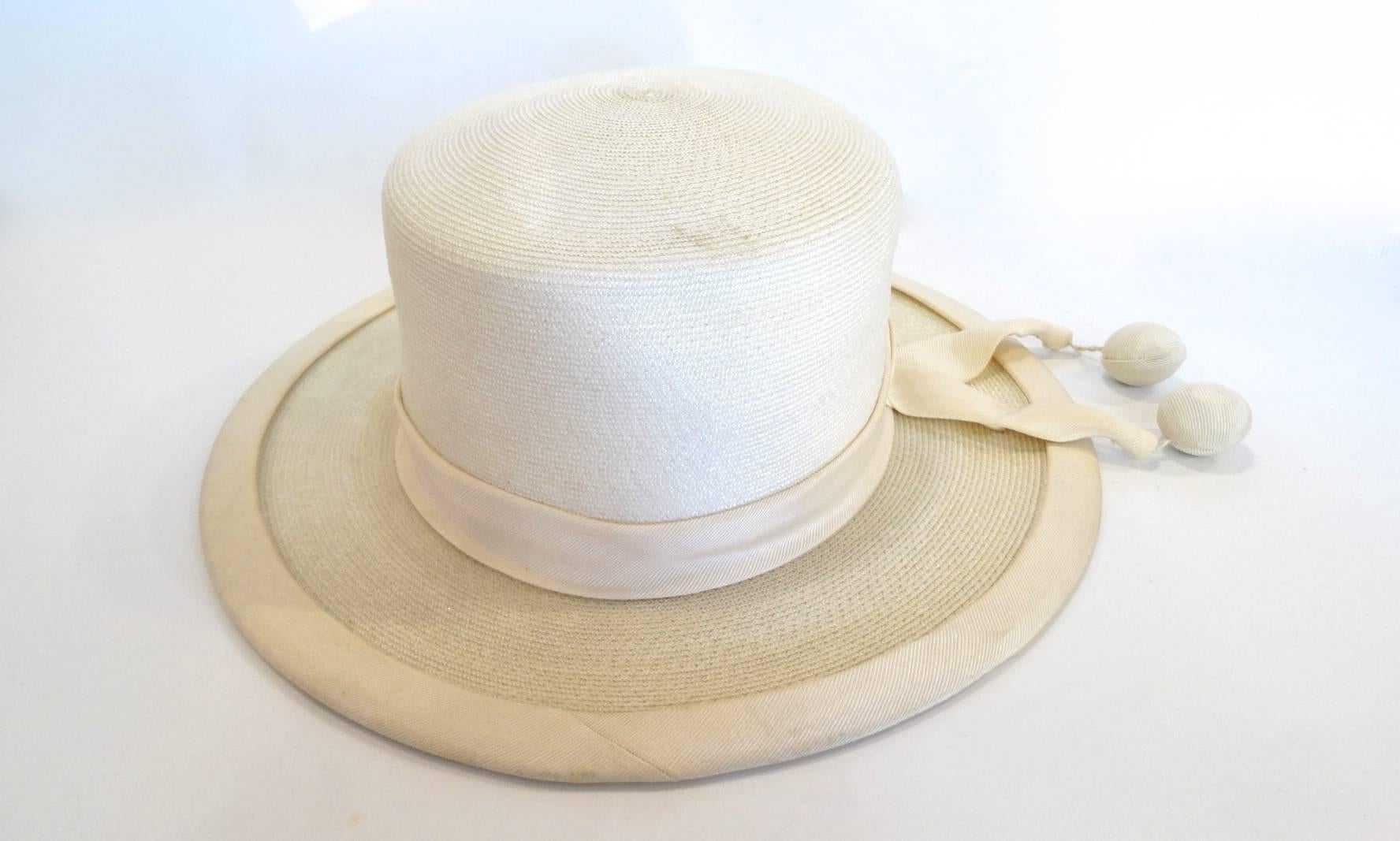 Panama style Ivory Straw Boater Hat, 1970s 2