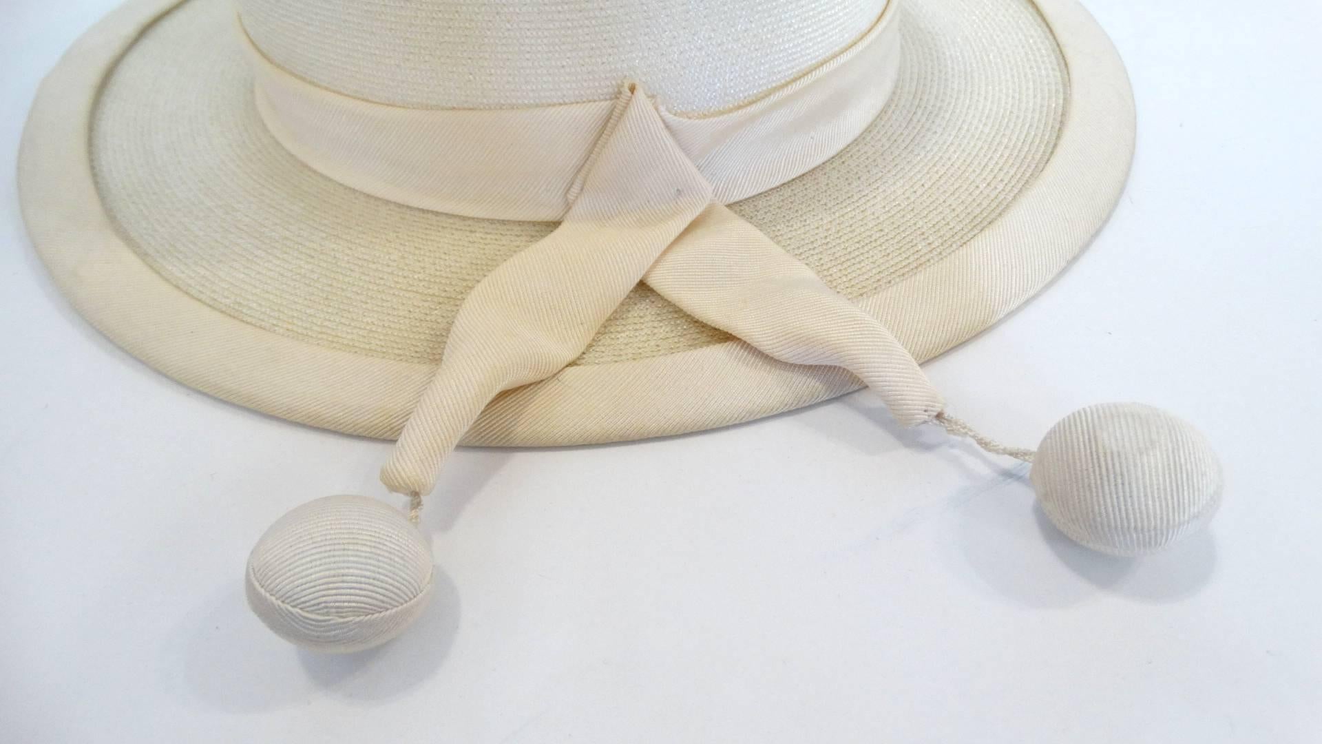 Women's Panama style Ivory Straw Boater Hat, 1970s