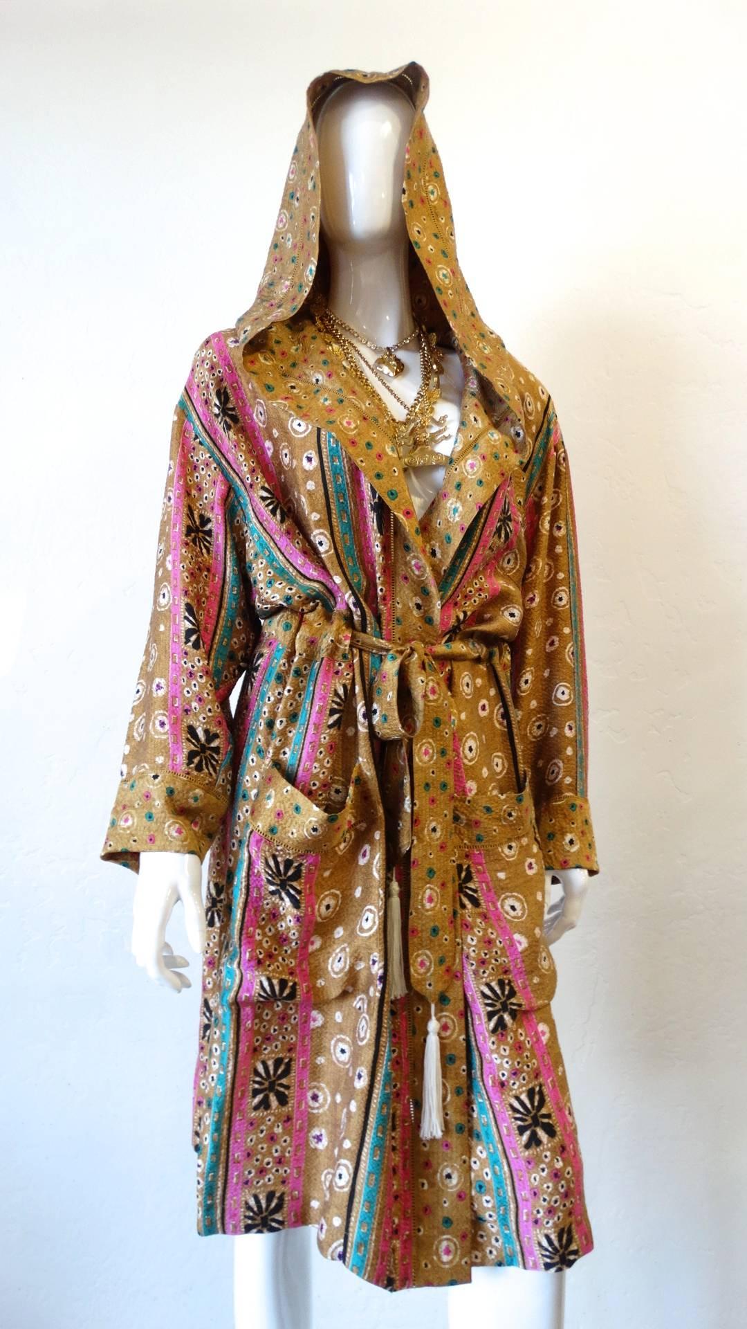 Brown Printed Hooded Silk Robe 