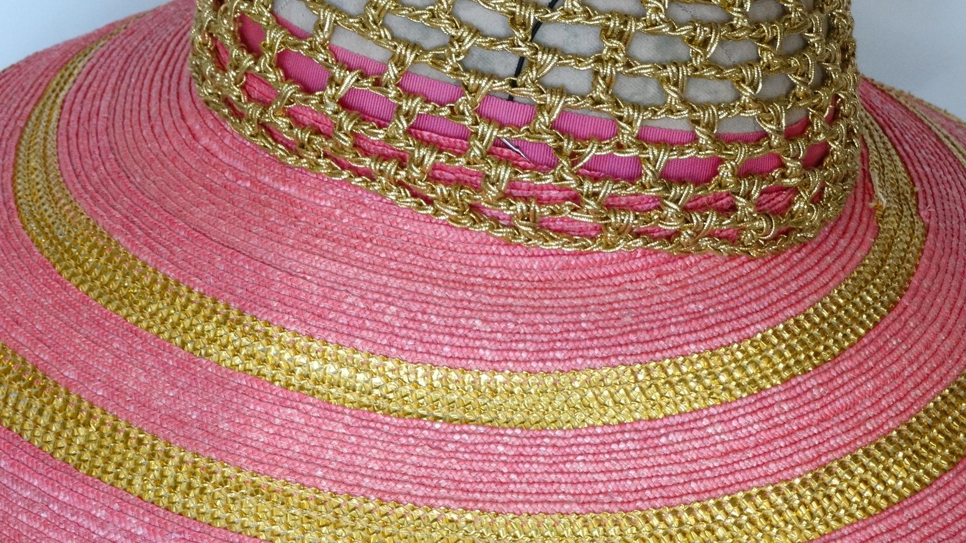 Eric Javits Pink and Gold Metallic Striped Crochet Crown Hat For Sale