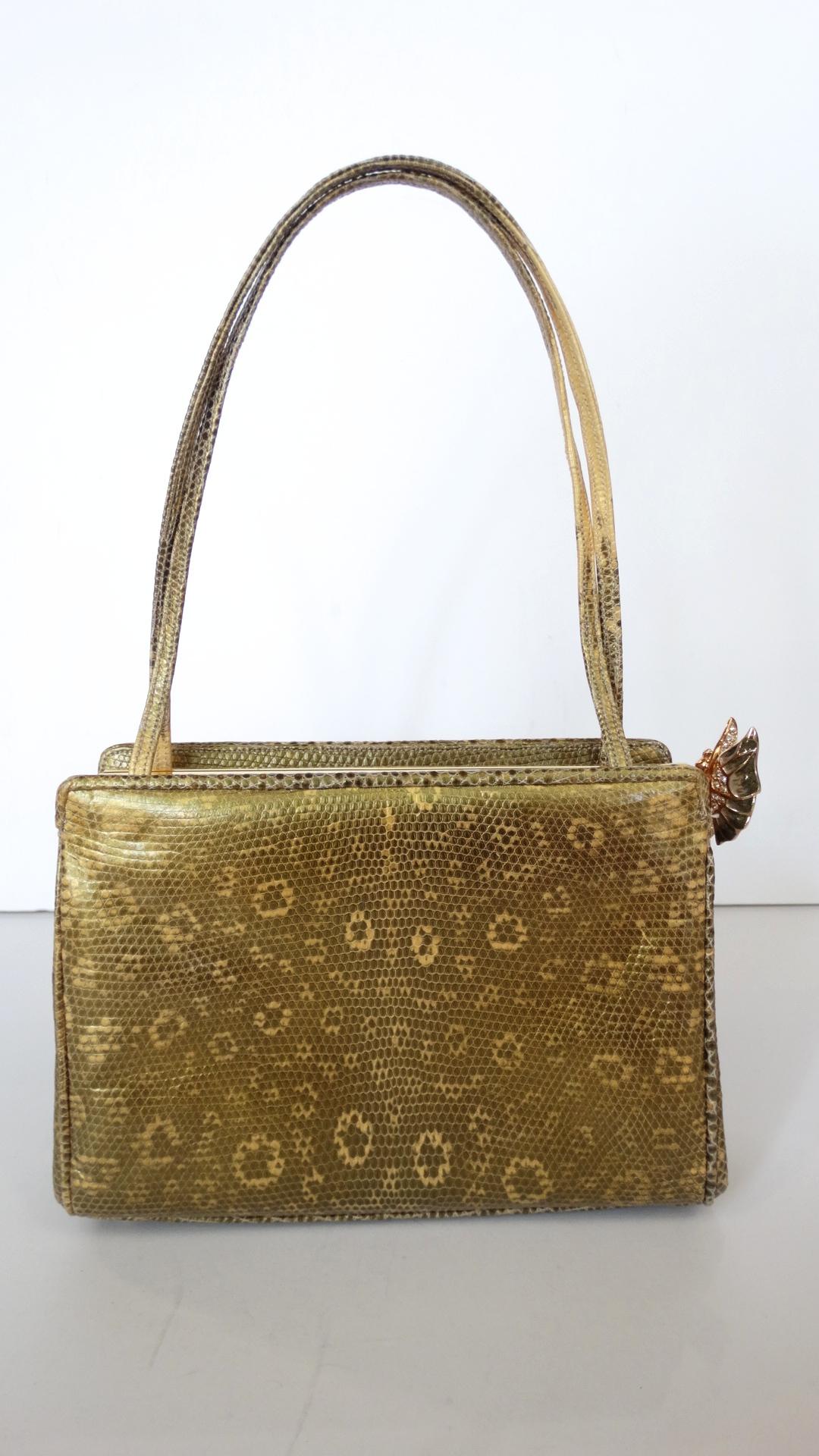 Brown Judith Leiber Snakeskin Rhinestone Butterfly Bag 