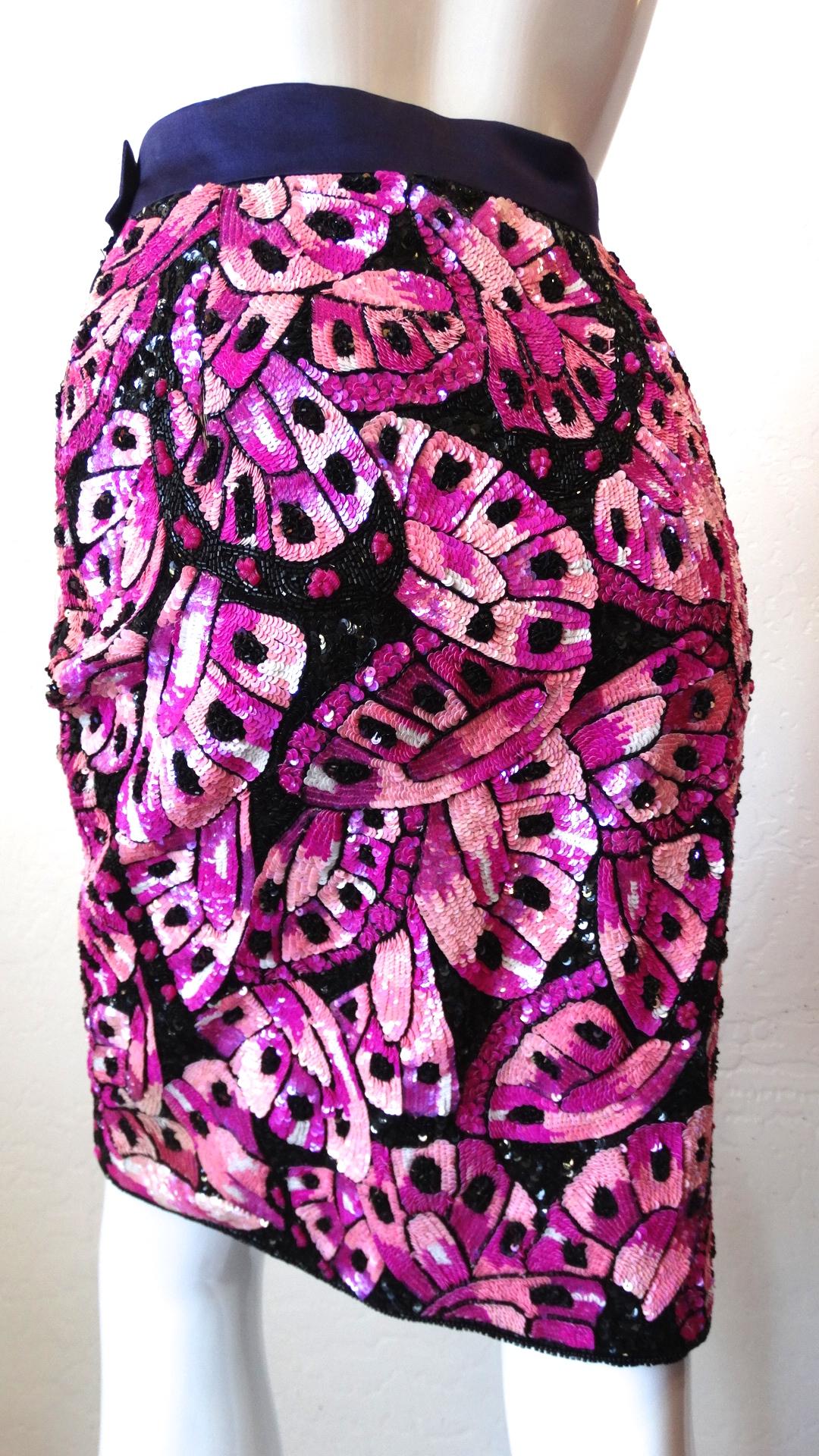 Purple Escada 80s Couture Butterfly Sequin Skirt For Sale