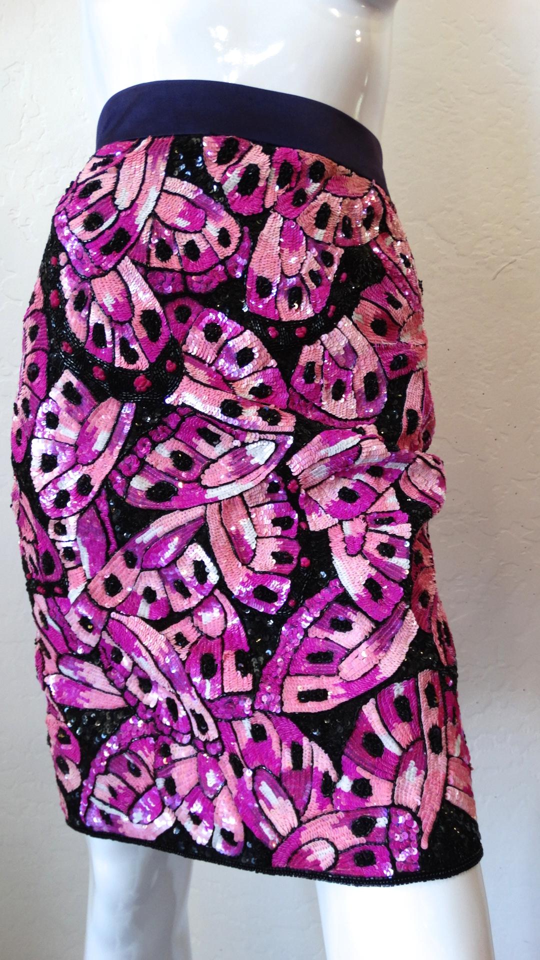 Escada 80s Couture Butterfly Sequin Skirt For Sale 5