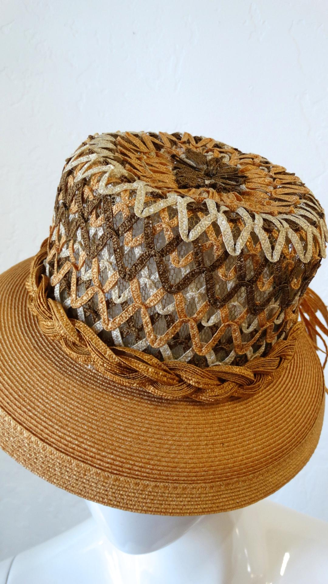 Brown Yves Saint Laurent Woven Straw Boater Hat, 1960s  For Sale