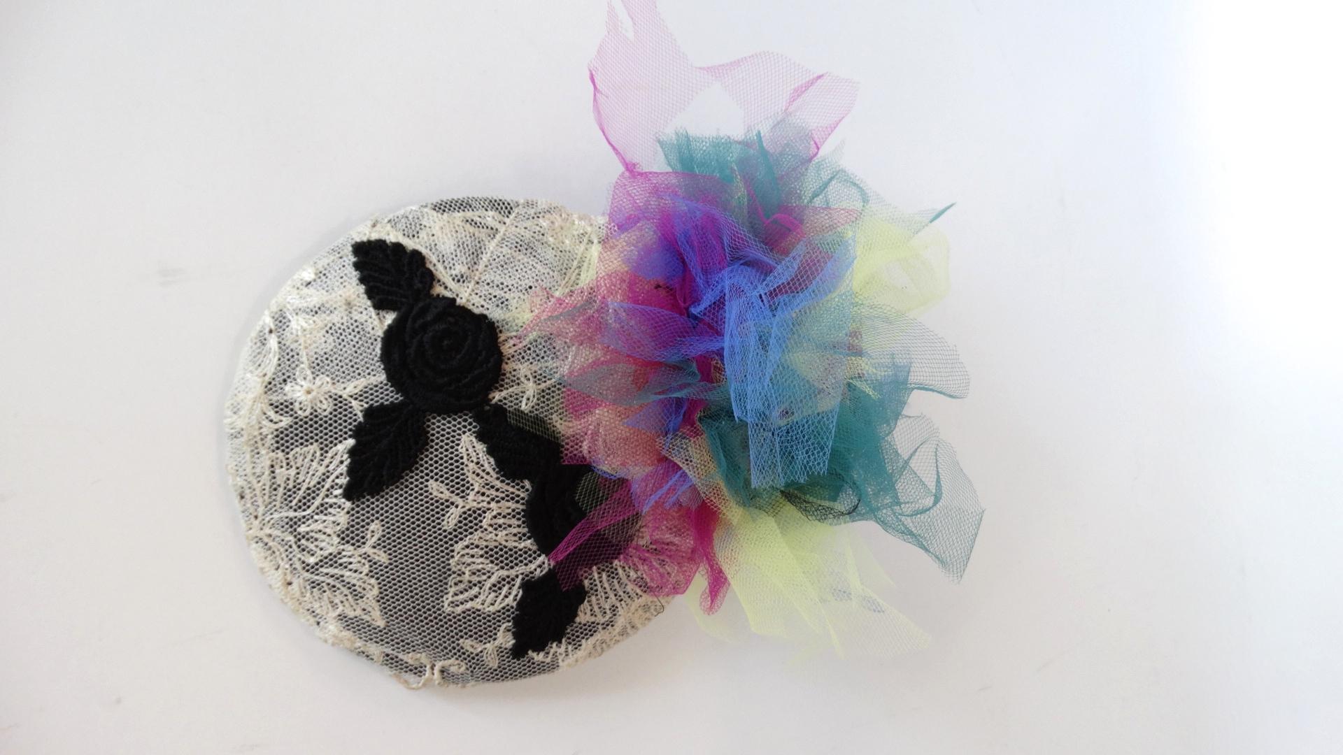 1980s Selima By V Lace Multicolored Madonna Tulle Fascinator  For Sale 1
