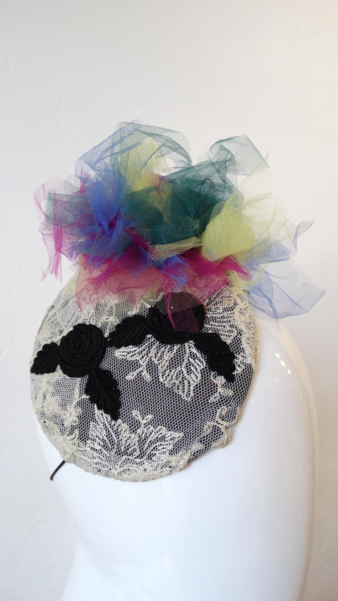 1980s Selima By V Lace Multicolored Madonna Tulle Fascinator  For Sale 3