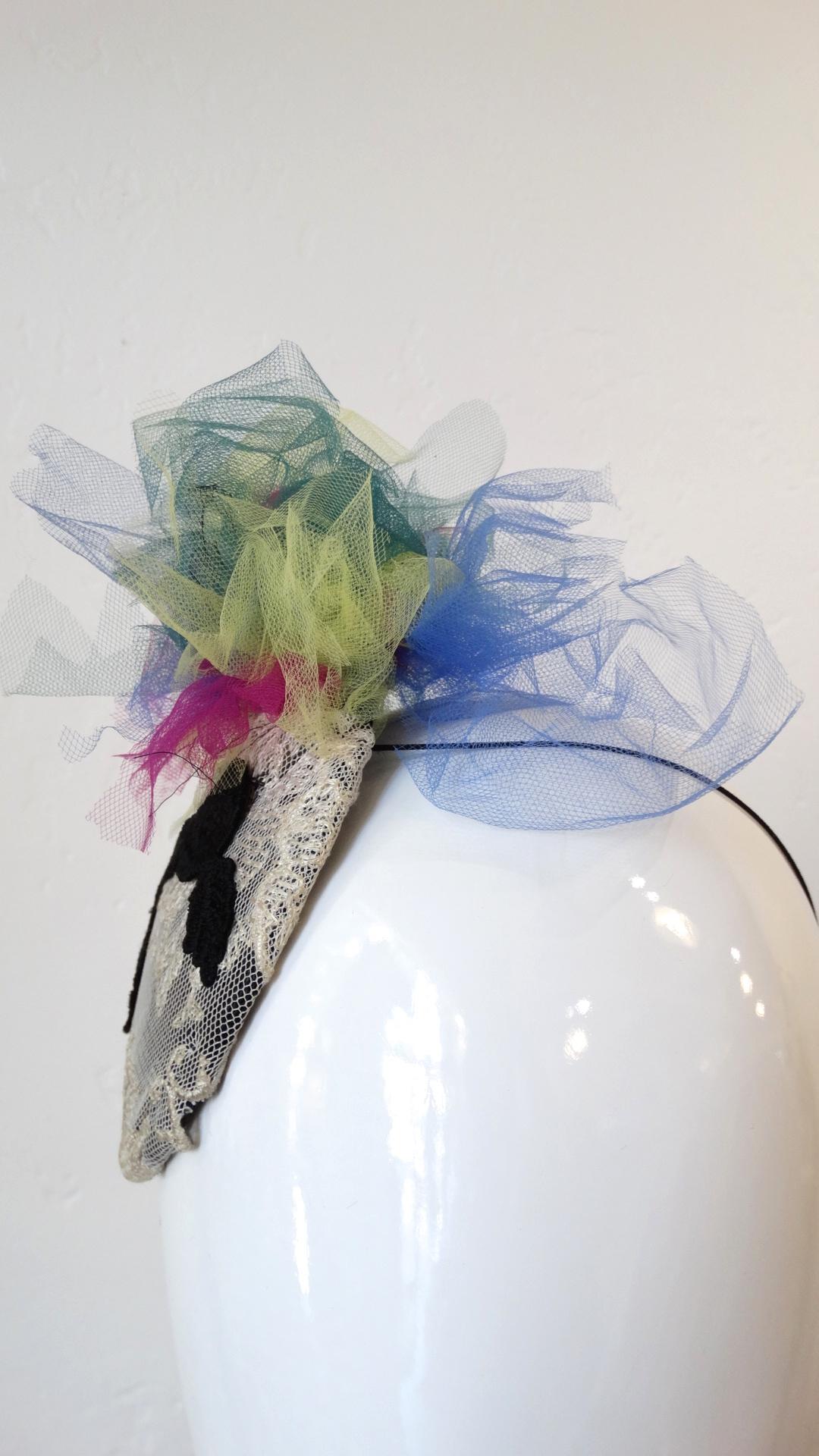 1980s Selima By V Lace Multicolored Madonna Tulle Fascinator  For Sale 4