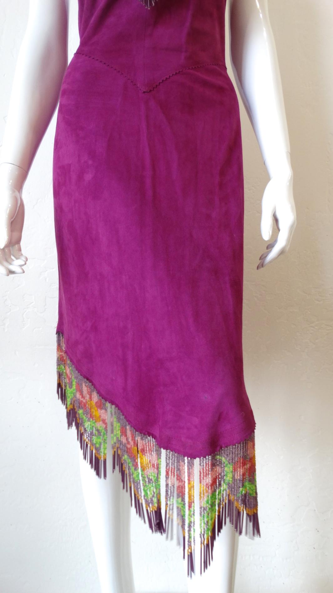 Bohemian Beaded Floral Fringe Purple Suede Halter Dress  1
