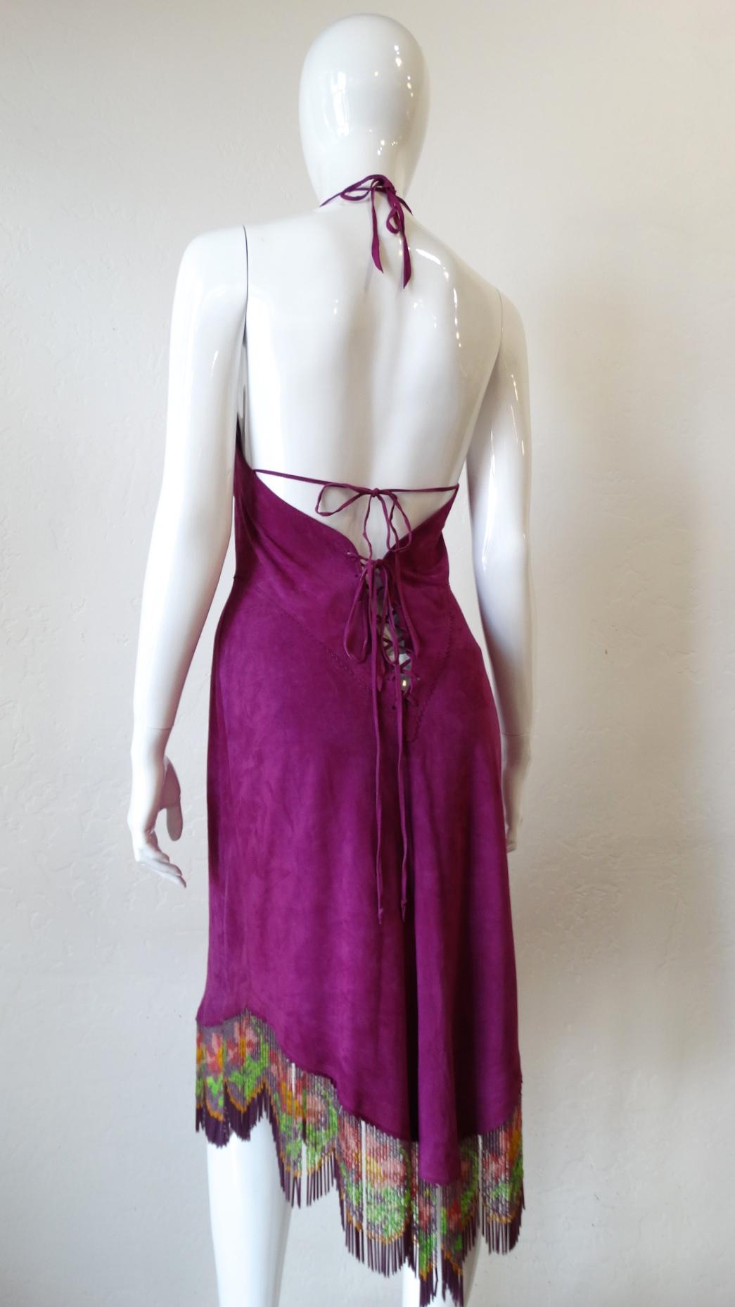 Bohemian Beaded Floral Fringe Purple Suede Halter Dress  In Excellent Condition In Scottsdale, AZ