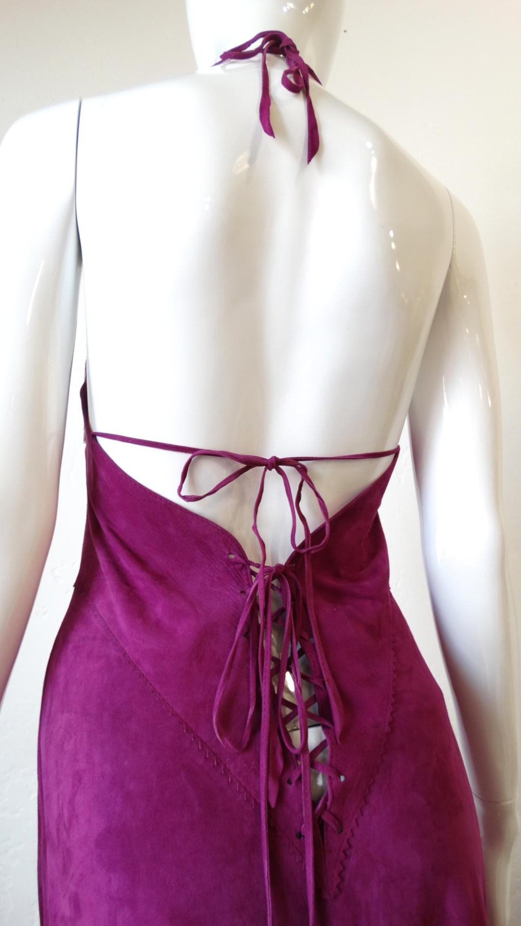 Bohemian Beaded Floral Fringe Purple Suede Halter Dress  11