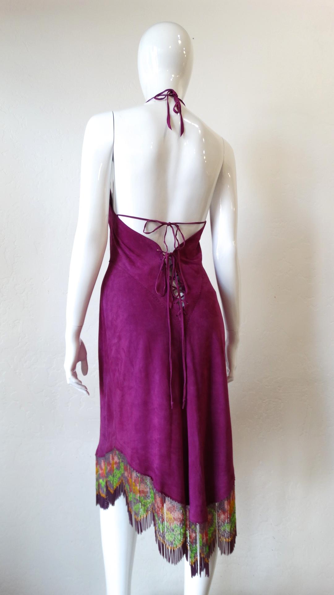 Bohemian Beaded Floral Fringe Purple Suede Halter Dress  6