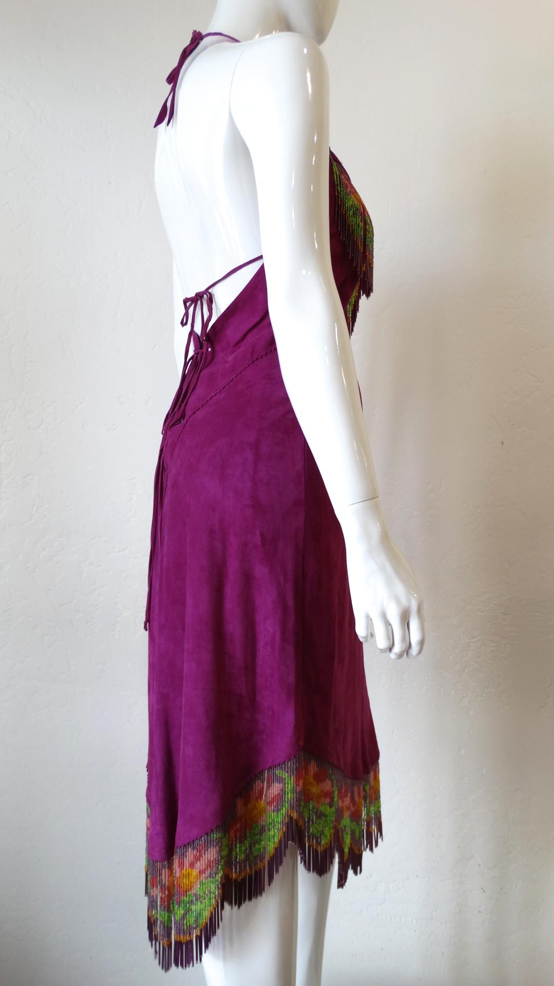 Bohemian Beaded Floral Fringe Purple Suede Halter Dress  9