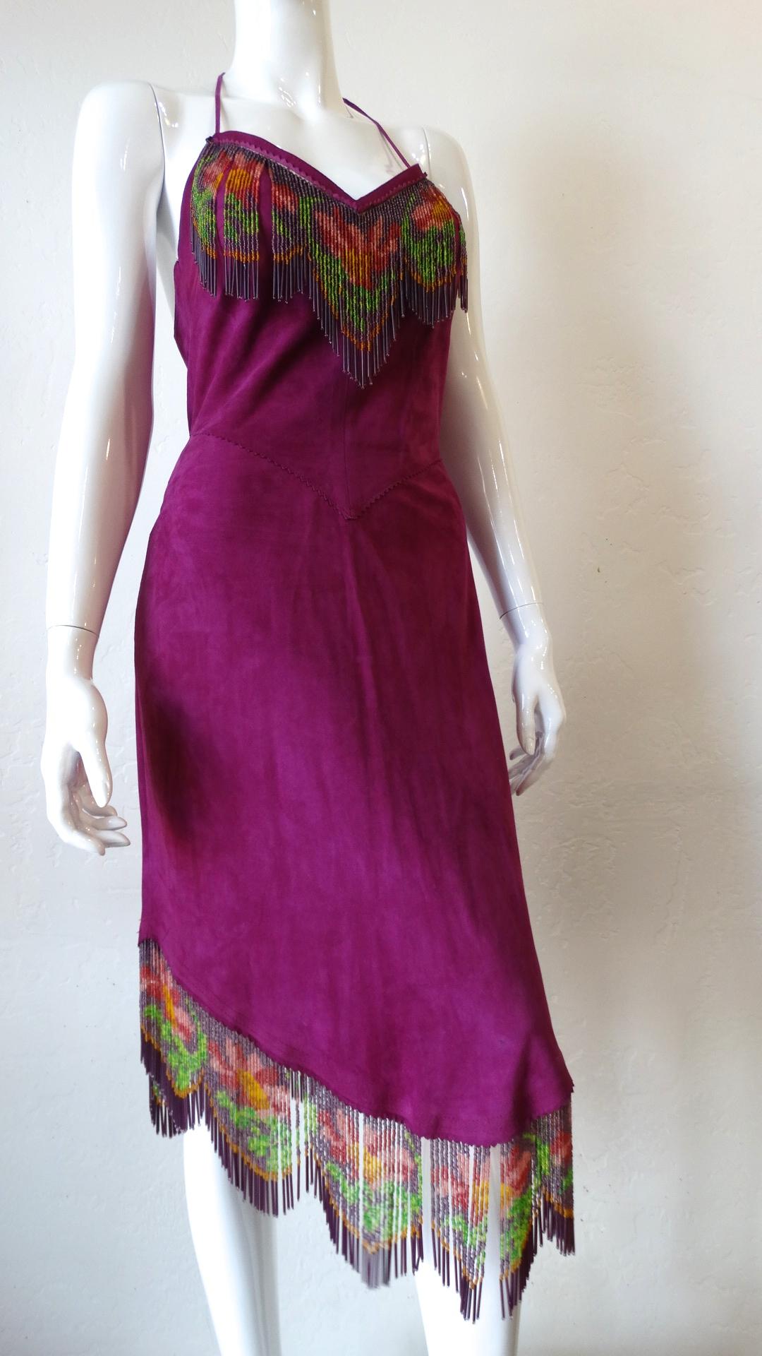 Bohemian Beaded Floral Fringe Purple Suede Halter Dress  3