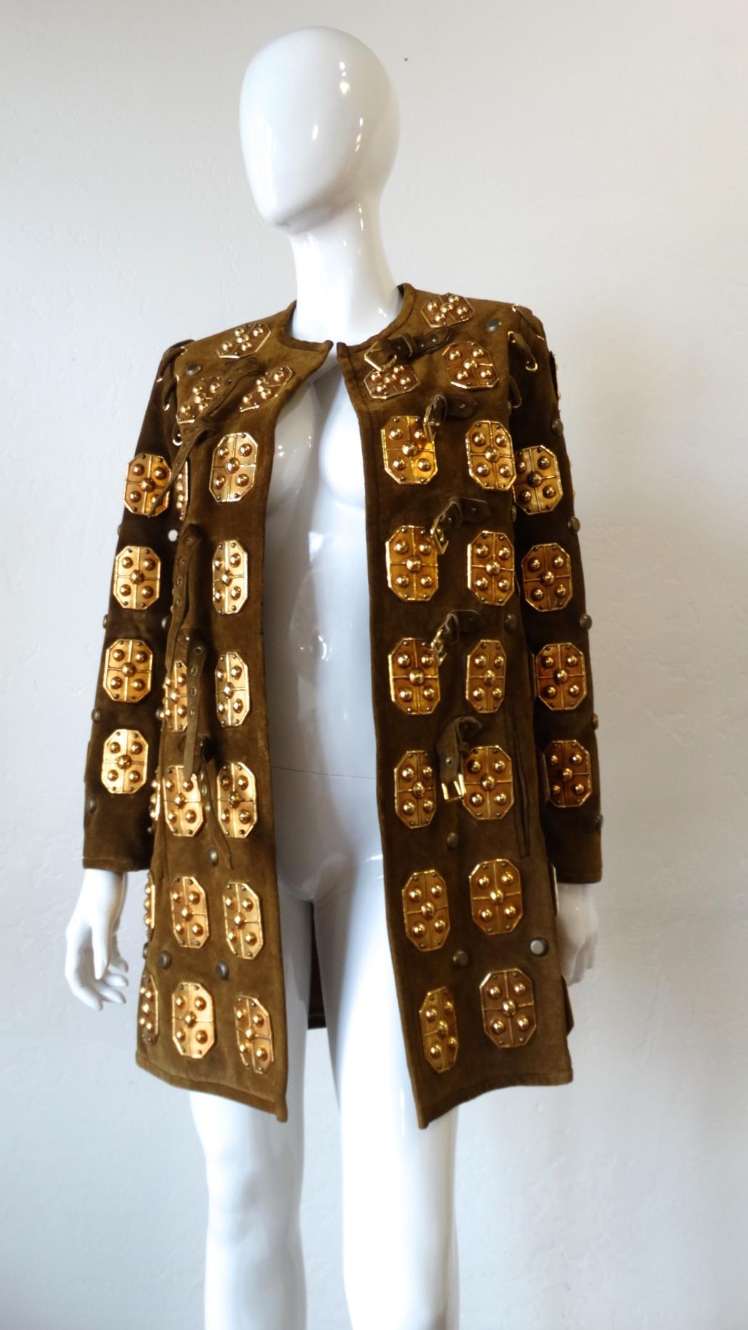 Women's or Men's Brown Suede Metal Embellished Buckle Coat, 1970s 