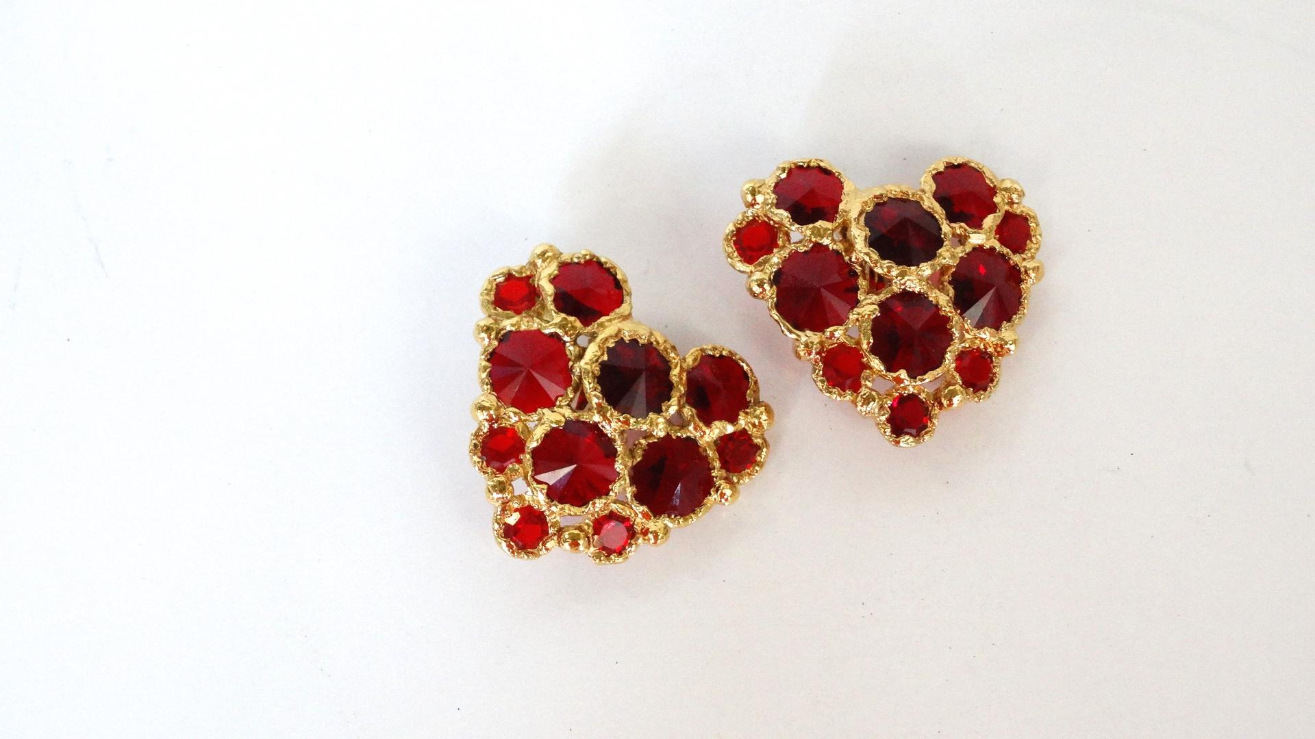 Women's or Men's 1980's Christian Lacroix Red Gripoix Heart Earrings 