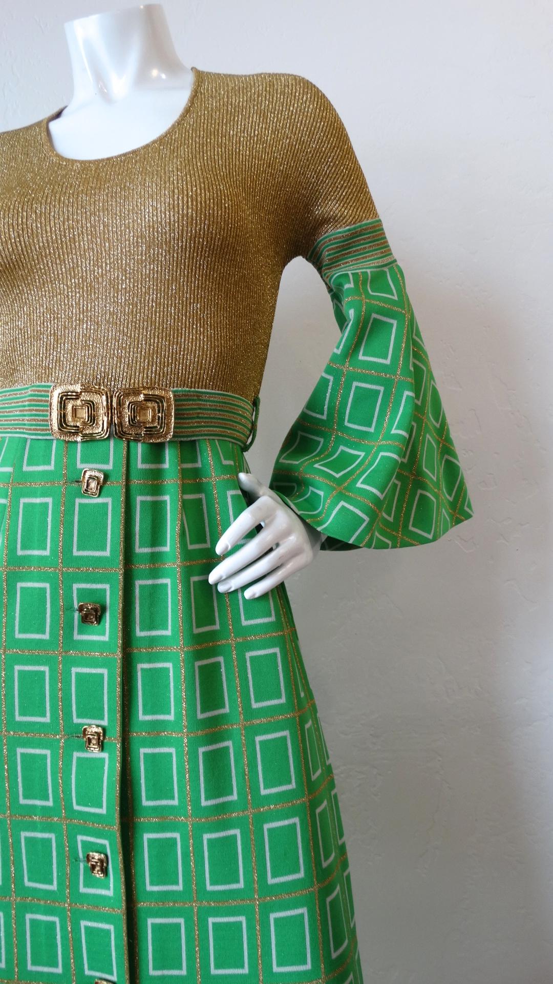 Green 1960s Aled Couture Flounce Sleeve Lurex Dress
