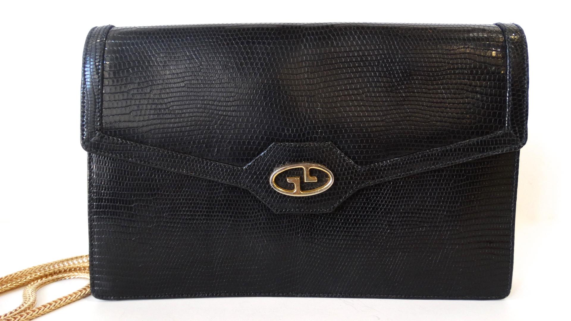 1970 Gucci pochette de soirée à demi rabat en lézard noir Excellent état à Scottsdale, AZ