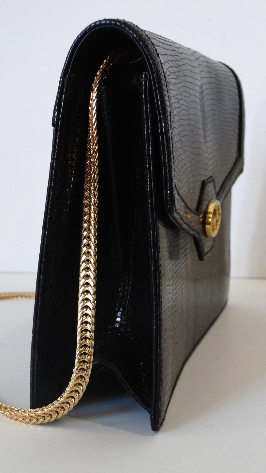 1970 Gucci pochette de soirée à demi rabat en lézard noir Unisexe 