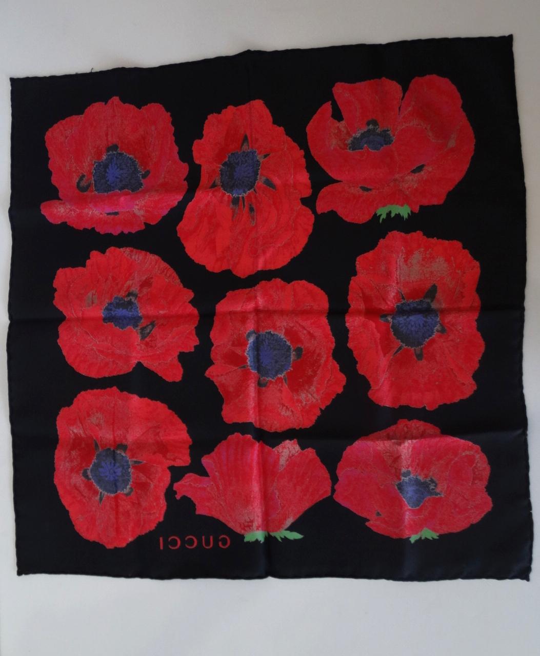 Black 1980s Gucci Red Poppy Silk Scarf