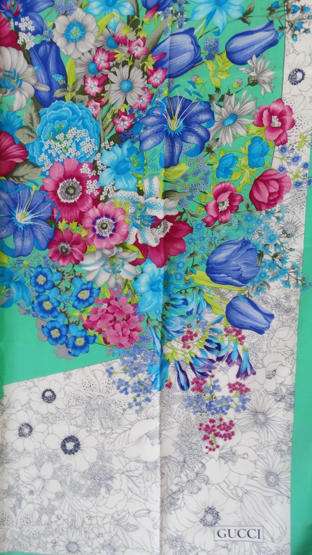 1980s Gucci Floral Sketch Silk Scarf For Sale 2