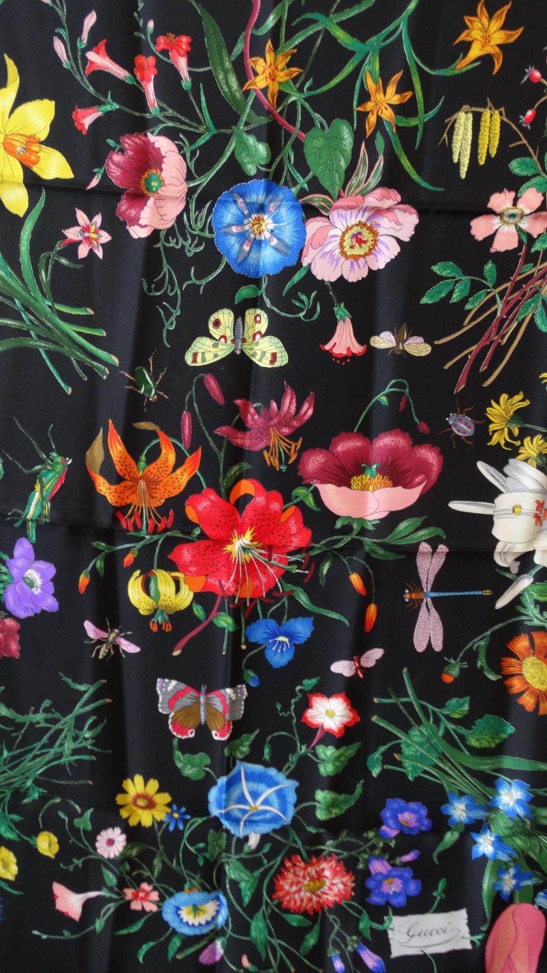 1980s Gucci Black Flora Printed Silk Scarf In Excellent Condition In Scottsdale, AZ